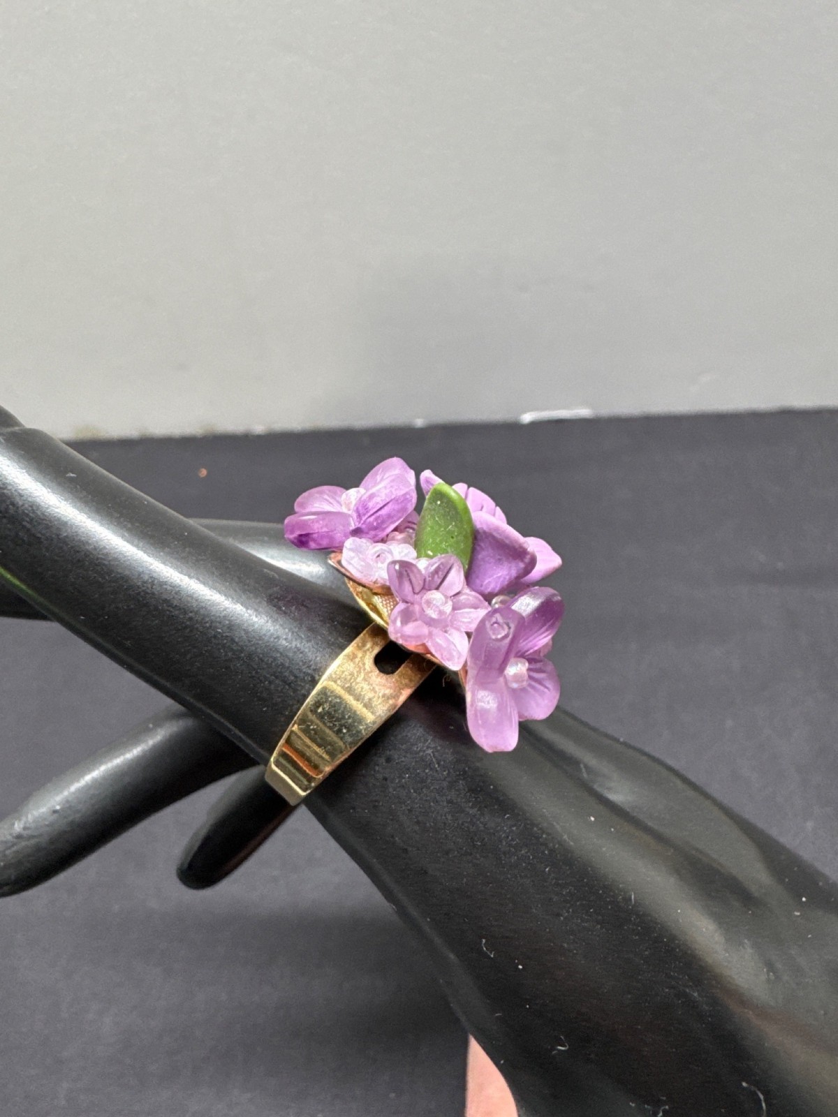 Artisan Handcrafted Purple Lilac Flower Cluster Ring Gold Adjustable Statement P