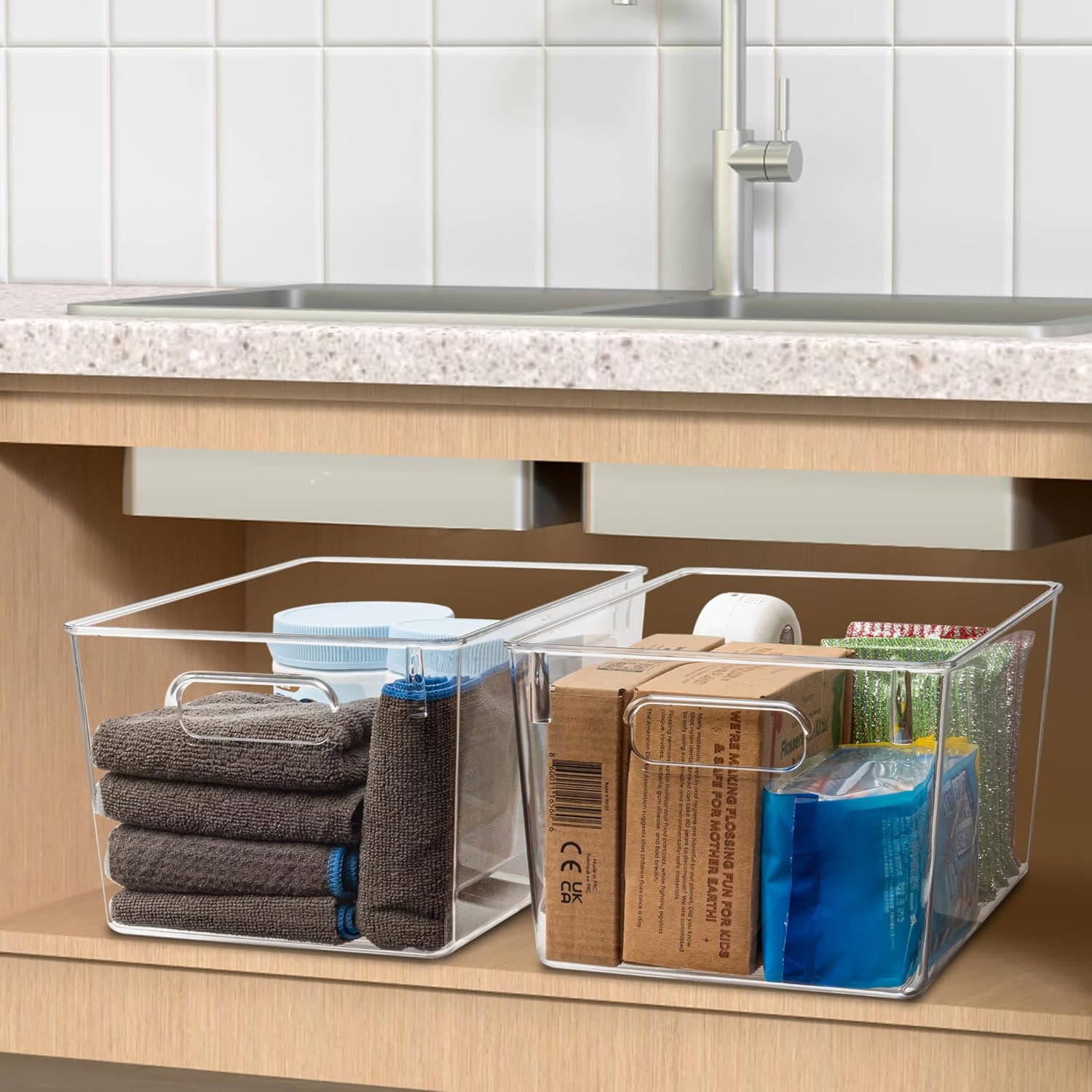 Set of 10 Clear Plastic Storage Bins, 4 Large and 6 Small Stackable Storage Cont