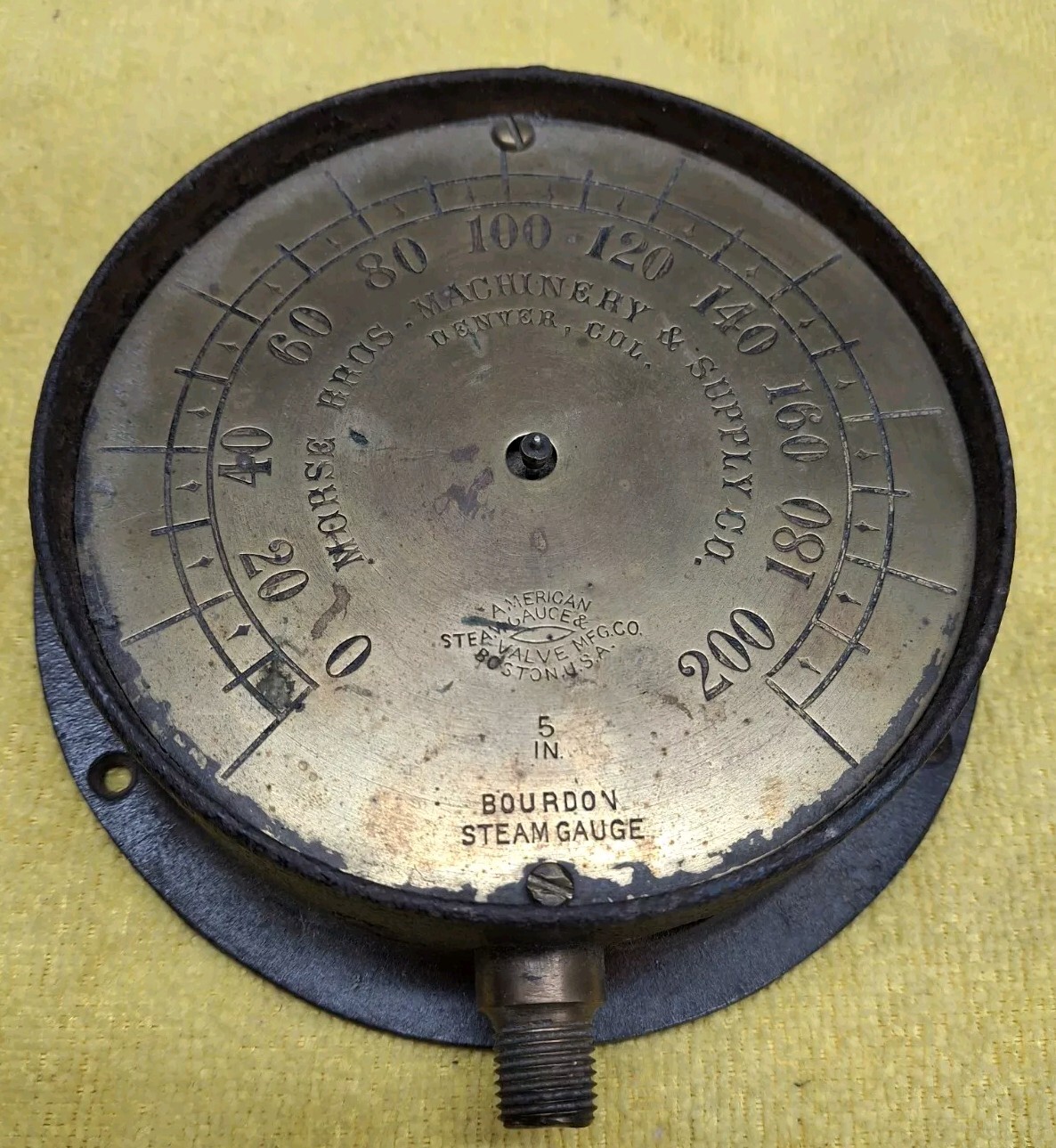 Antique Brass Steam Gauge. 5 1/4" Face