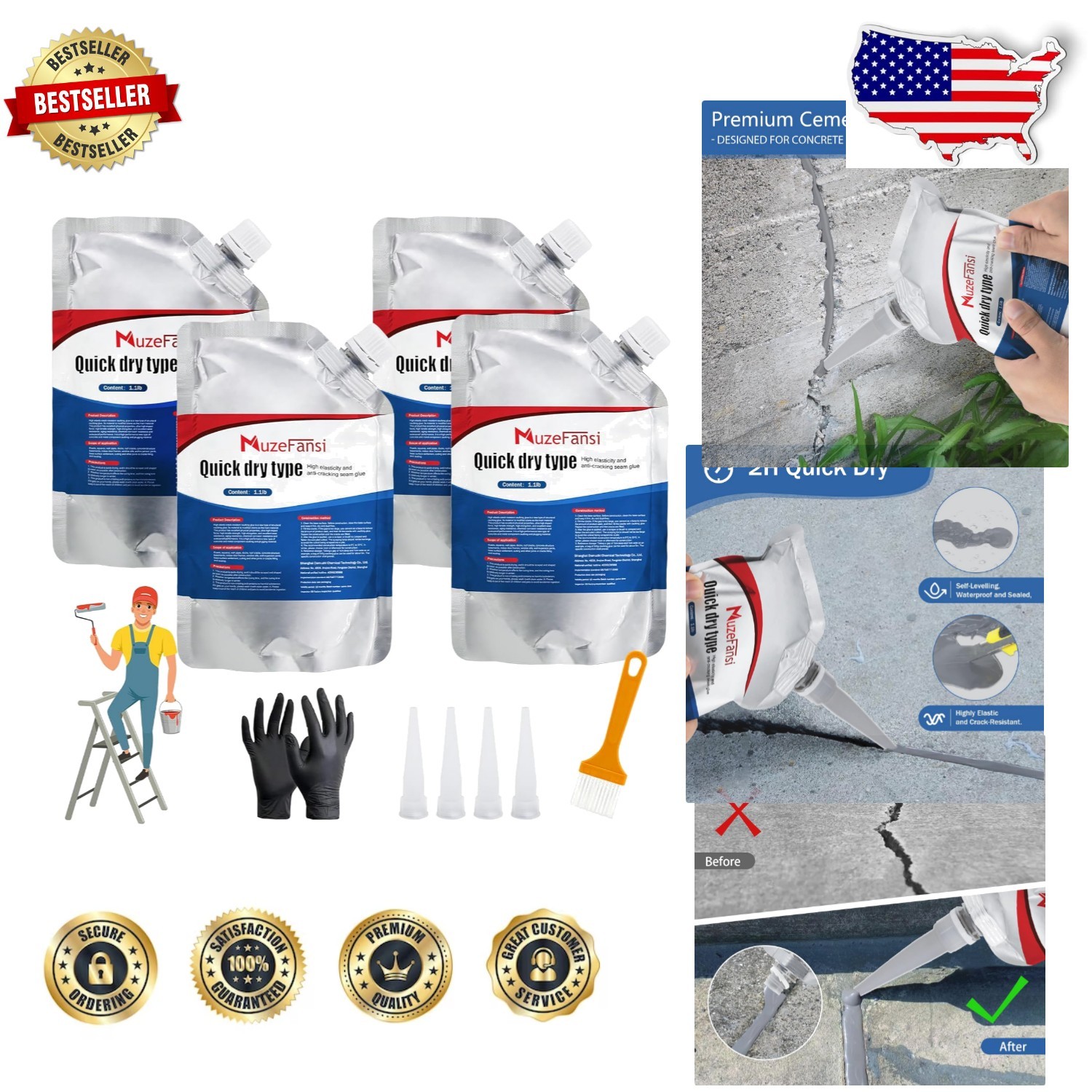 Concrete Crack Filler - 4 Pcs Waterproof Repair Sealant, Durable Silicone Adh...