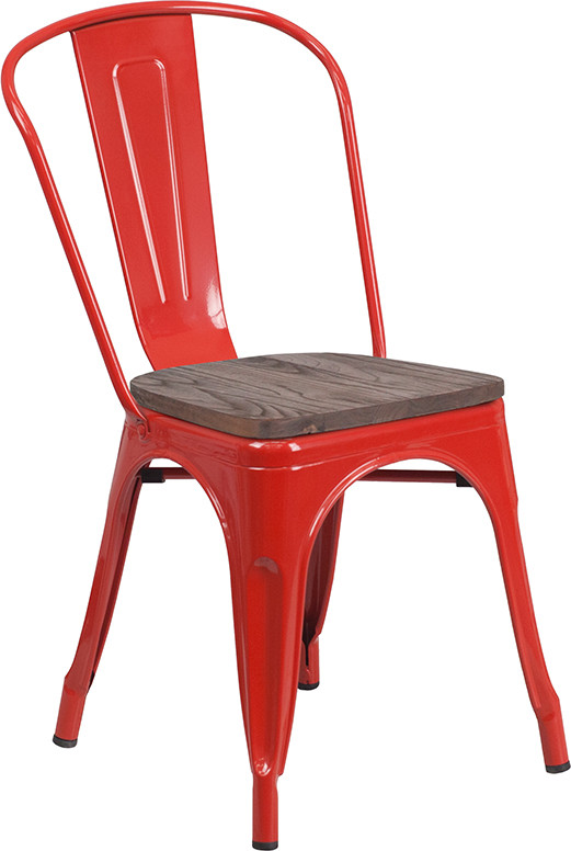 Industrial Style Red Metal Stackable Restaurant Chair with Wood Seat