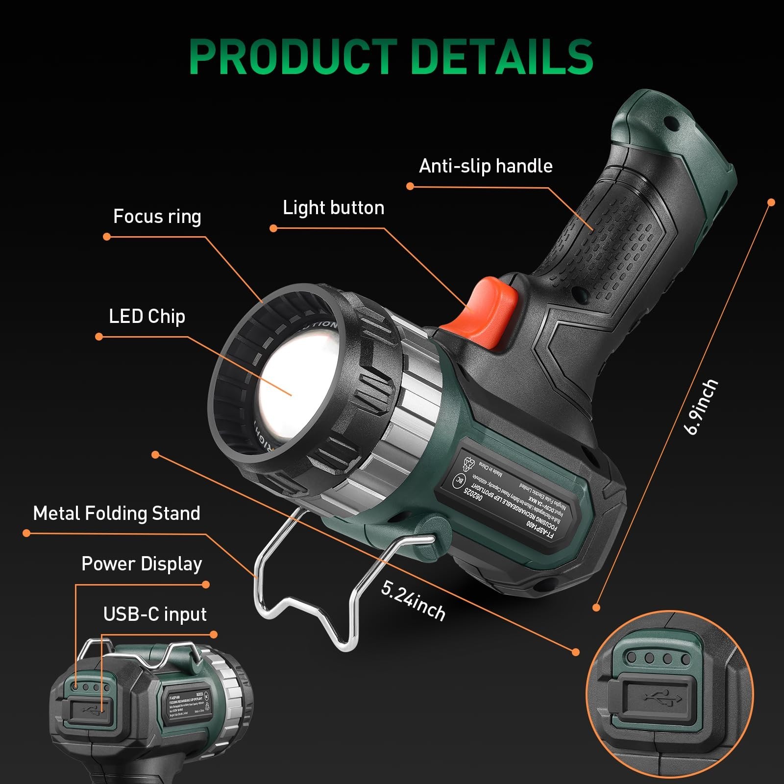FORTO Compact Rechargeable Spotlight with Adjustable Focus, Handheld Spot Lig...