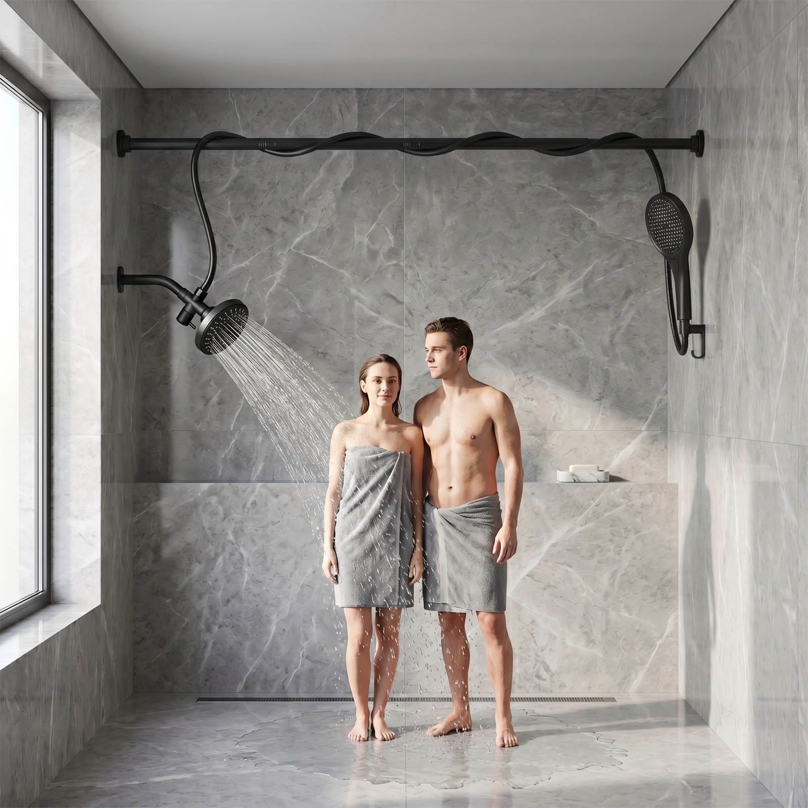 High Pressure Black Adjustable Dual Shower Head with Handheld System for Couples