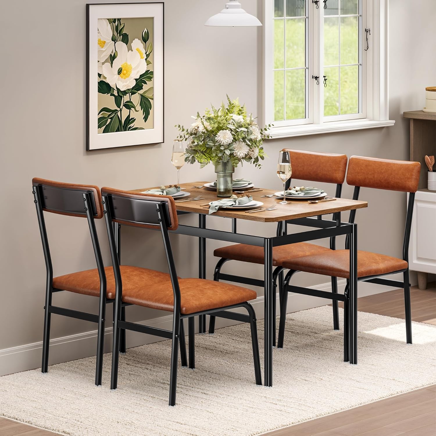 5 Piece Dining Table Set Kitchen Table with 4 PU Upholstered Chair Dining Room