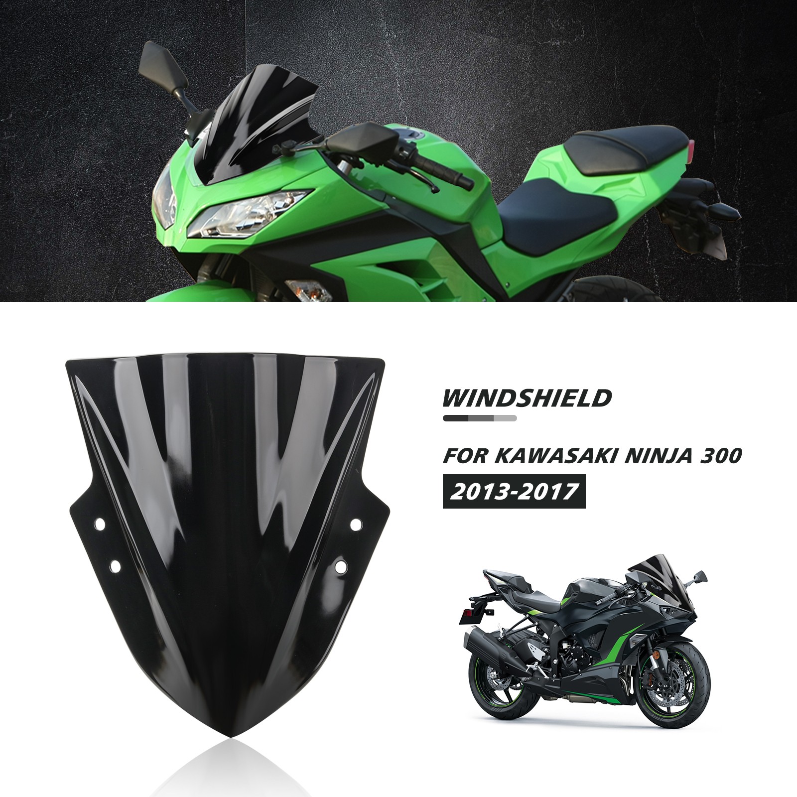 Black Double Bubble ABS Windscreen Windshield For Kawasaki Ninja 300 2013-2018