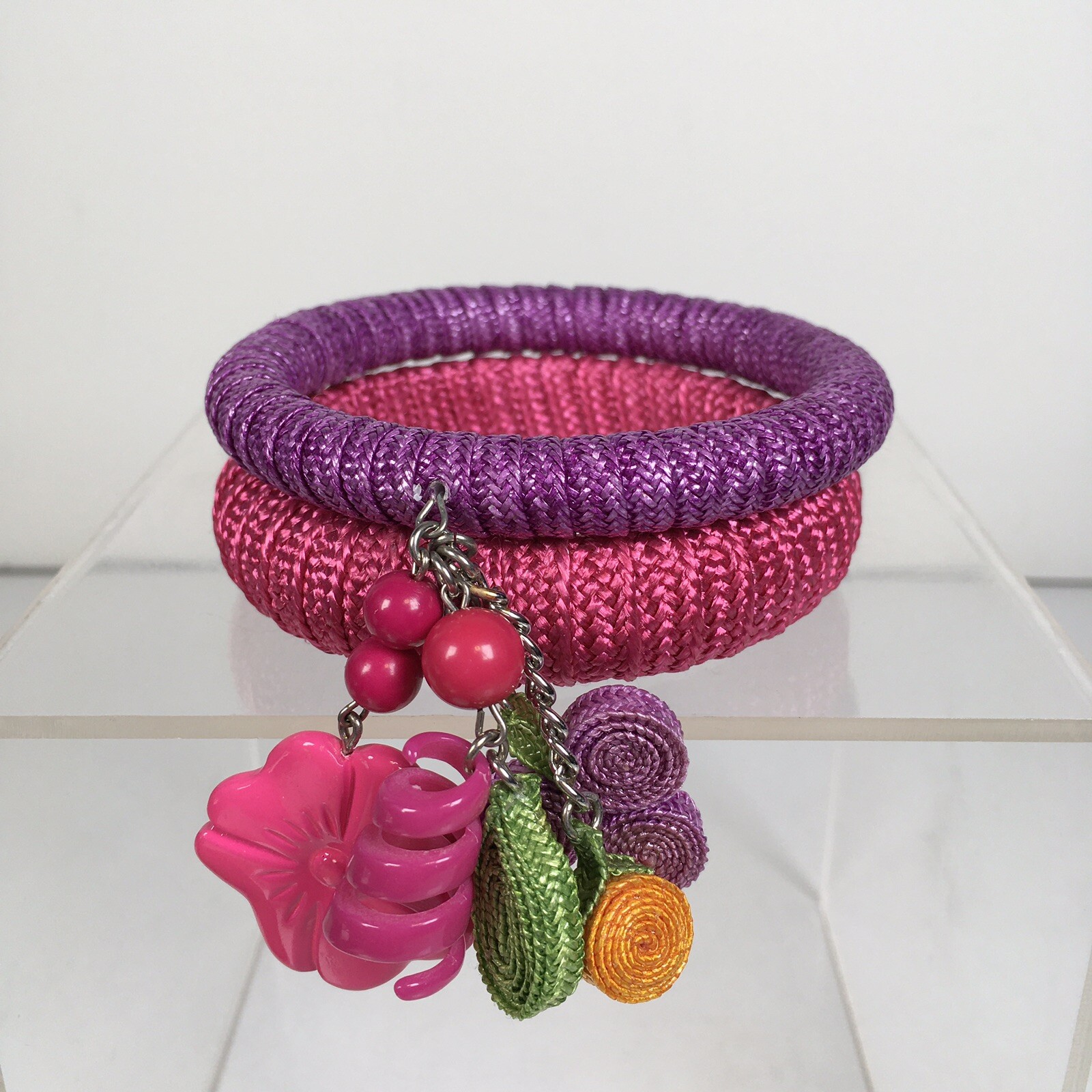 Set of 2 Bangle Bracelets Tropical Fruit Flower Dangle Woven Wrapped Pink Purple