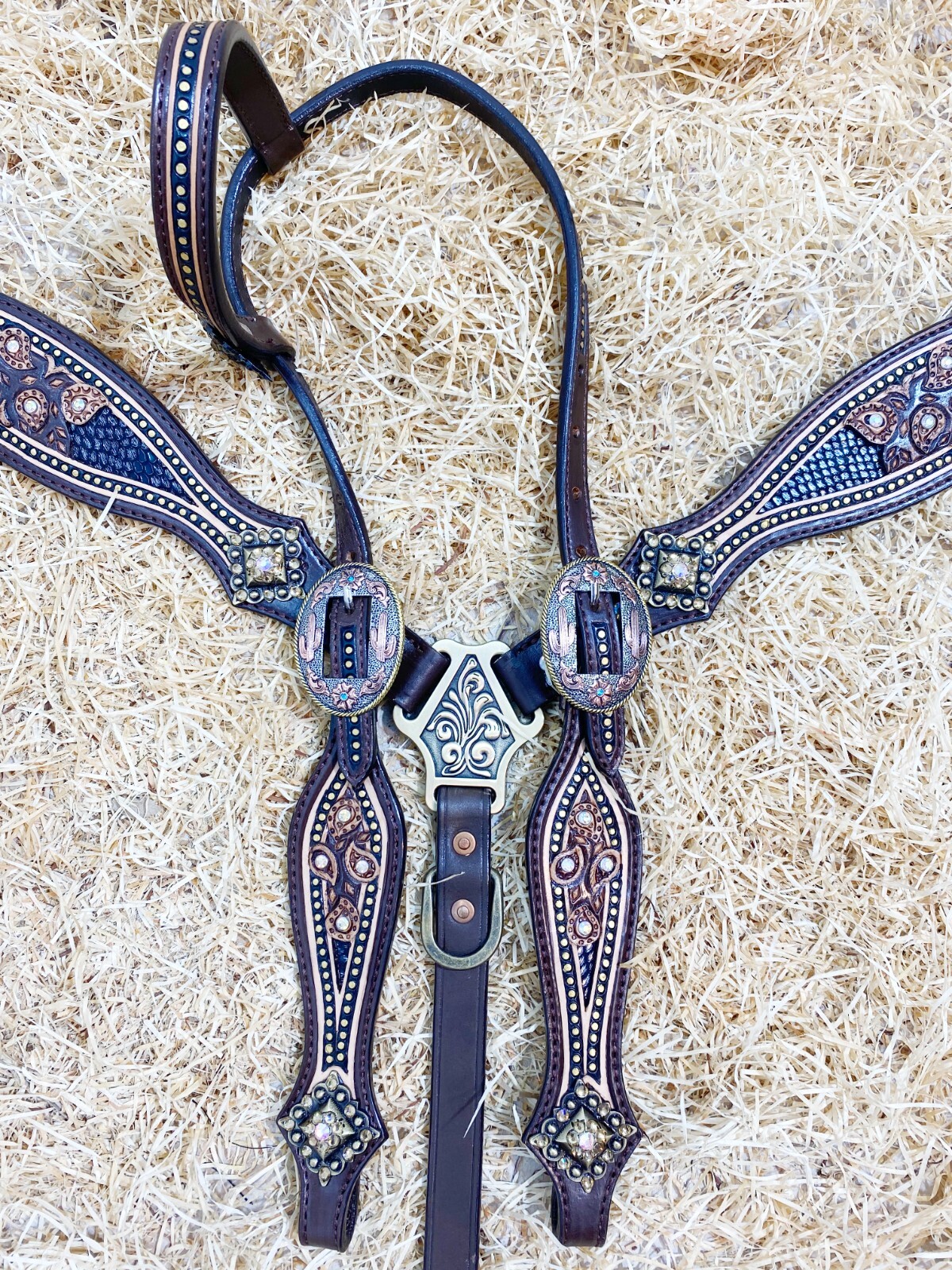 Western Leather Headstall Set Horse Decorated with Paisley Carving Gifts MOUSM