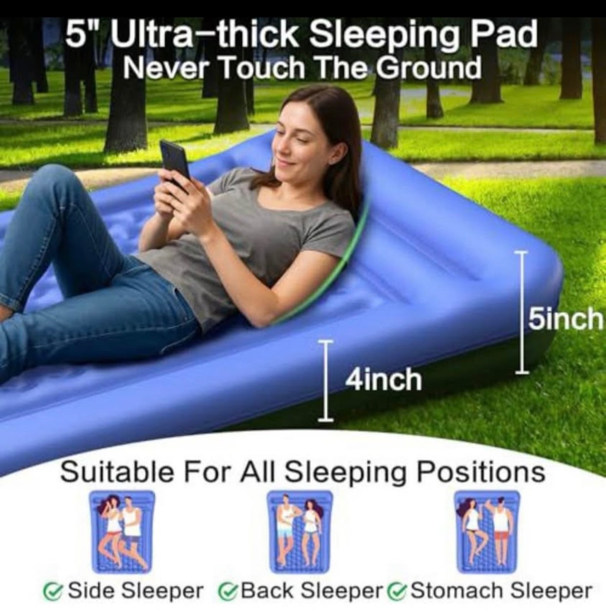 Double Sleeping Pad Camping, Self Inflating 6'' Extra-Thick 2 Person Pillow Buil