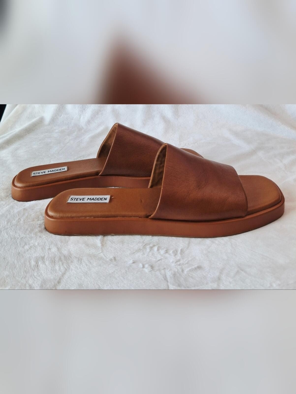 Steve Madden "Holmes" Leather Slide Sandals in Cognac