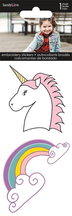 Embroidered Sticker Unicorn Head Pink Horn + Rainbow Clouds