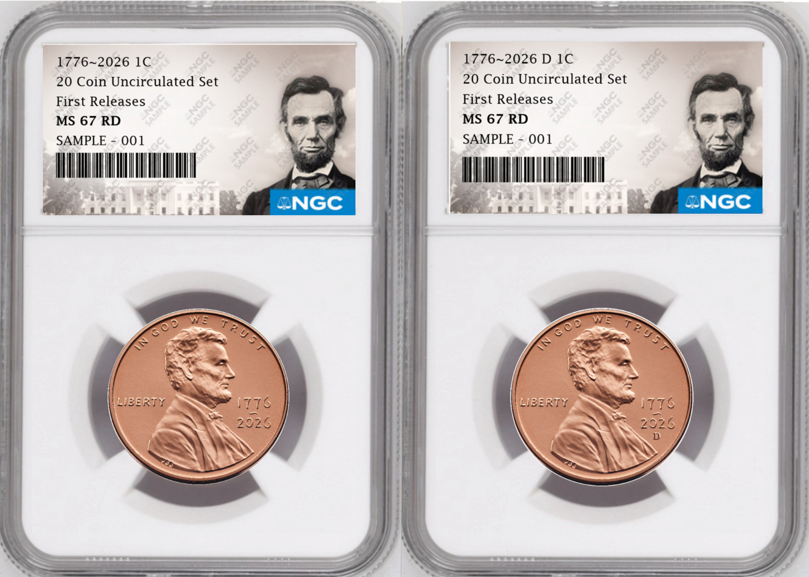 2 Coin set, 1776-2026 P & D  Lincoln Cent , NGC MS 67 RD FR, Lincoln Presale
