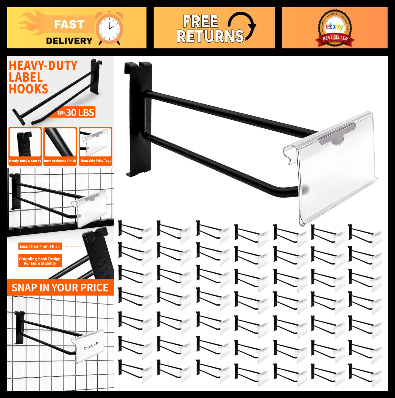 50 PC 8" Gridwall Hooks with Price Tag Slot - Extra Long Black Hangers for Coats
