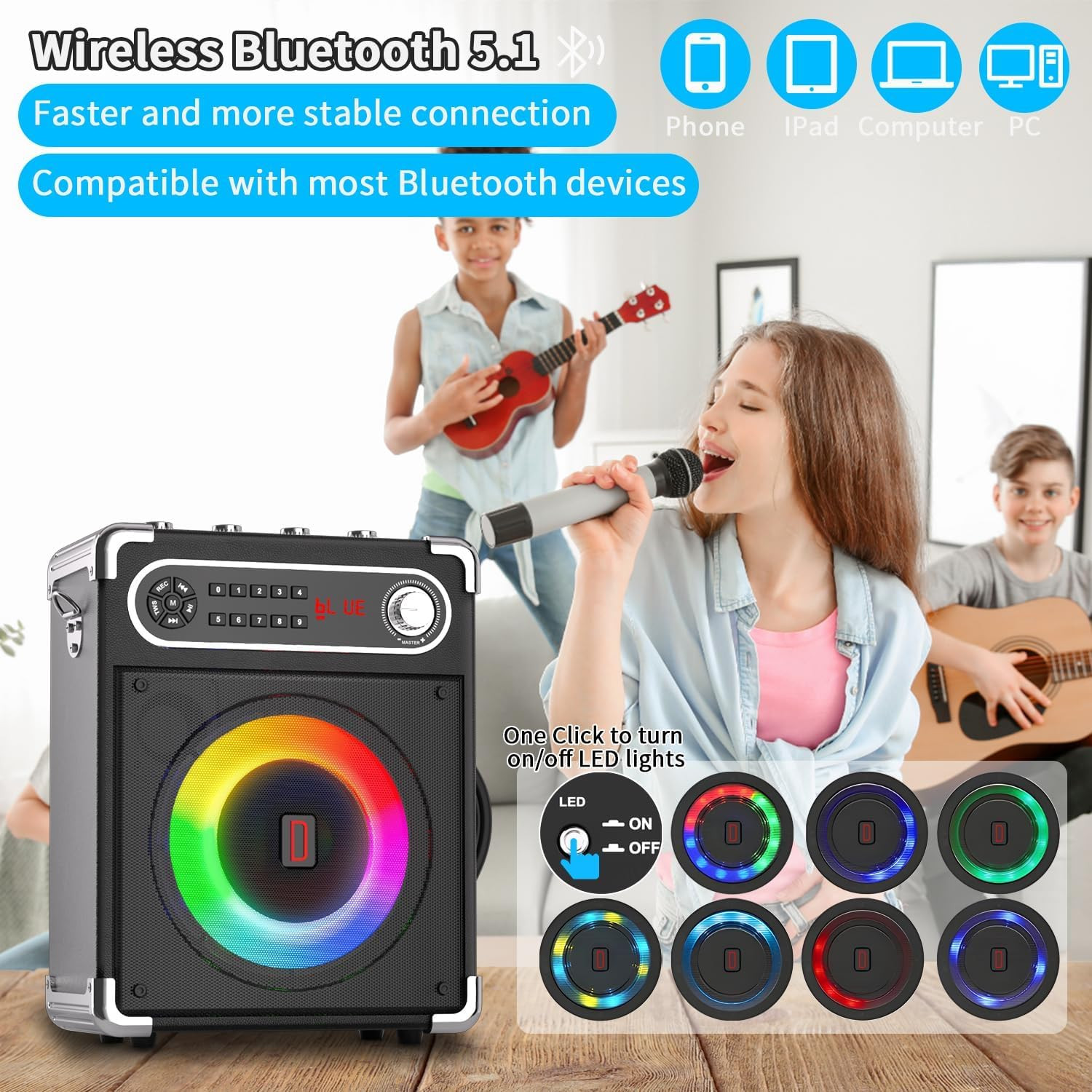Portable Karaoke Machine with 4 Wireless Mics, Bluetooth Speaker & LED Lights