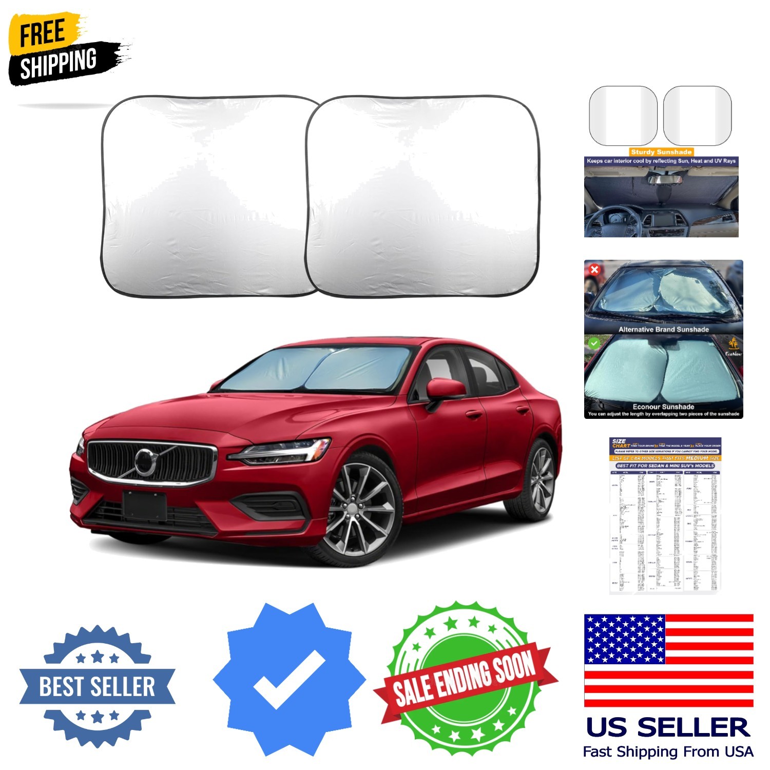 2 Piece Foldable Car Windshield Sun Shade – UV & Heat Protection, Interior Co...