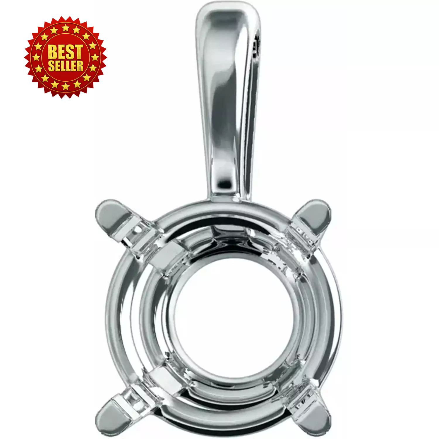Pendant Setting Round Cut Solid Sterling Silver Pre-Notched 4 Prong Single Bail