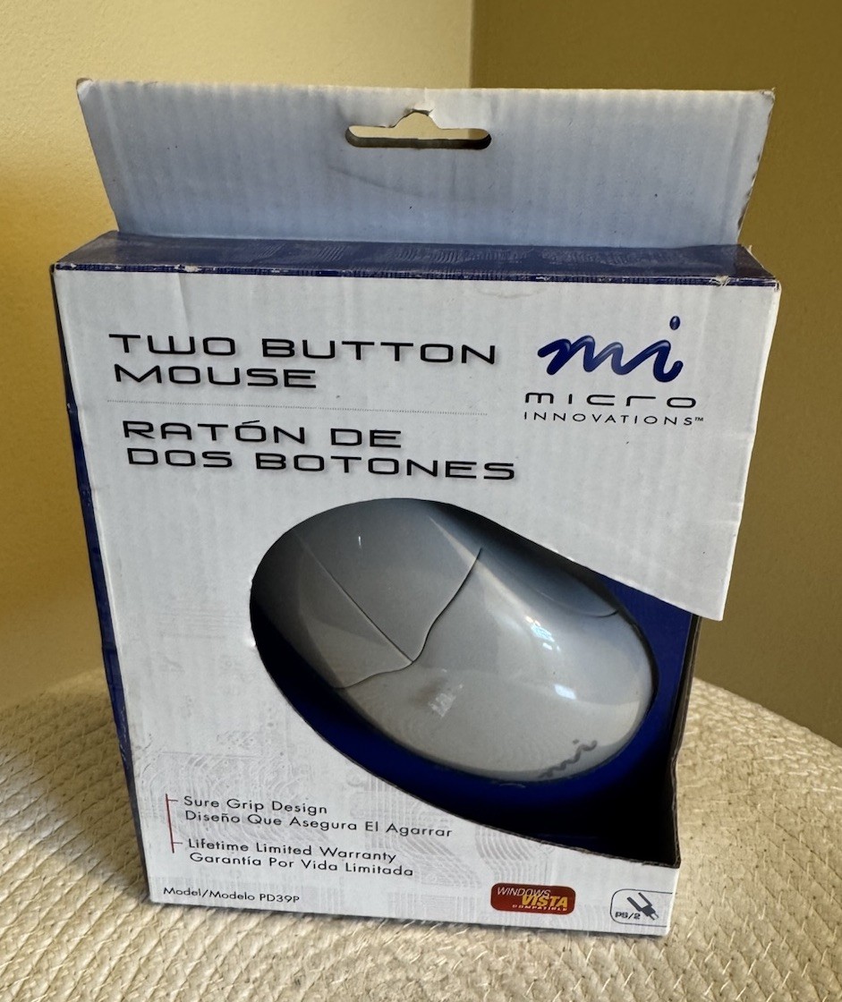 Micro Innovations 2 Button Wired Mouse PD39P New Sealed PS/2