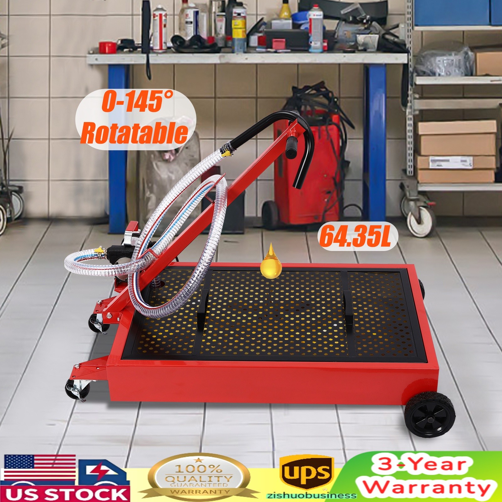 Oil Drain Pan Low Profile with Electric Pump 120W and Wheels Car Truck 17Gal