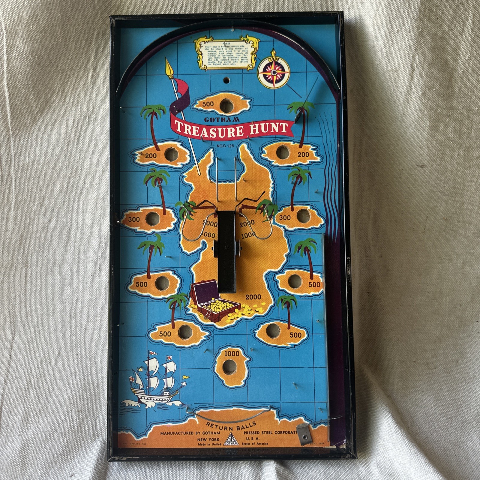 Rare! VTG Gotham Treasure Hunt Tabletop Pinball Game 1936 Bagatelle USA
