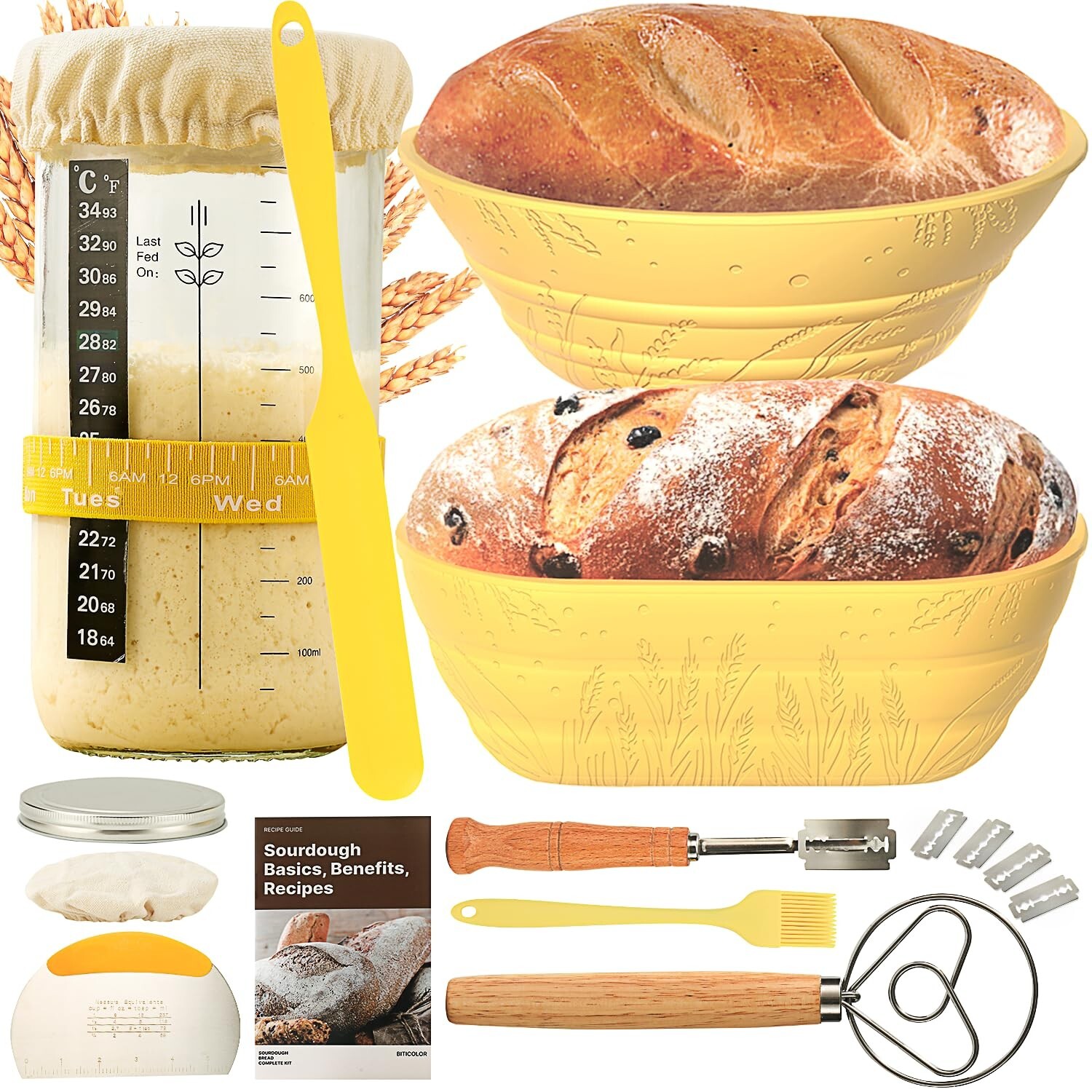 Sourdough Bread Baking Supplies 34 OZ Sourdough starter kit with 2 Bread Proo...