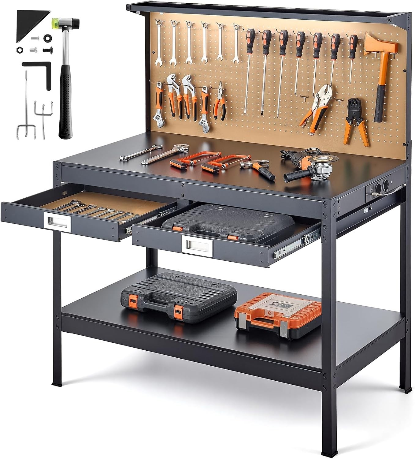 Robust 47.2-Inch Workbench with Drawers, AC Outlets & USB for Enhanced Workspace