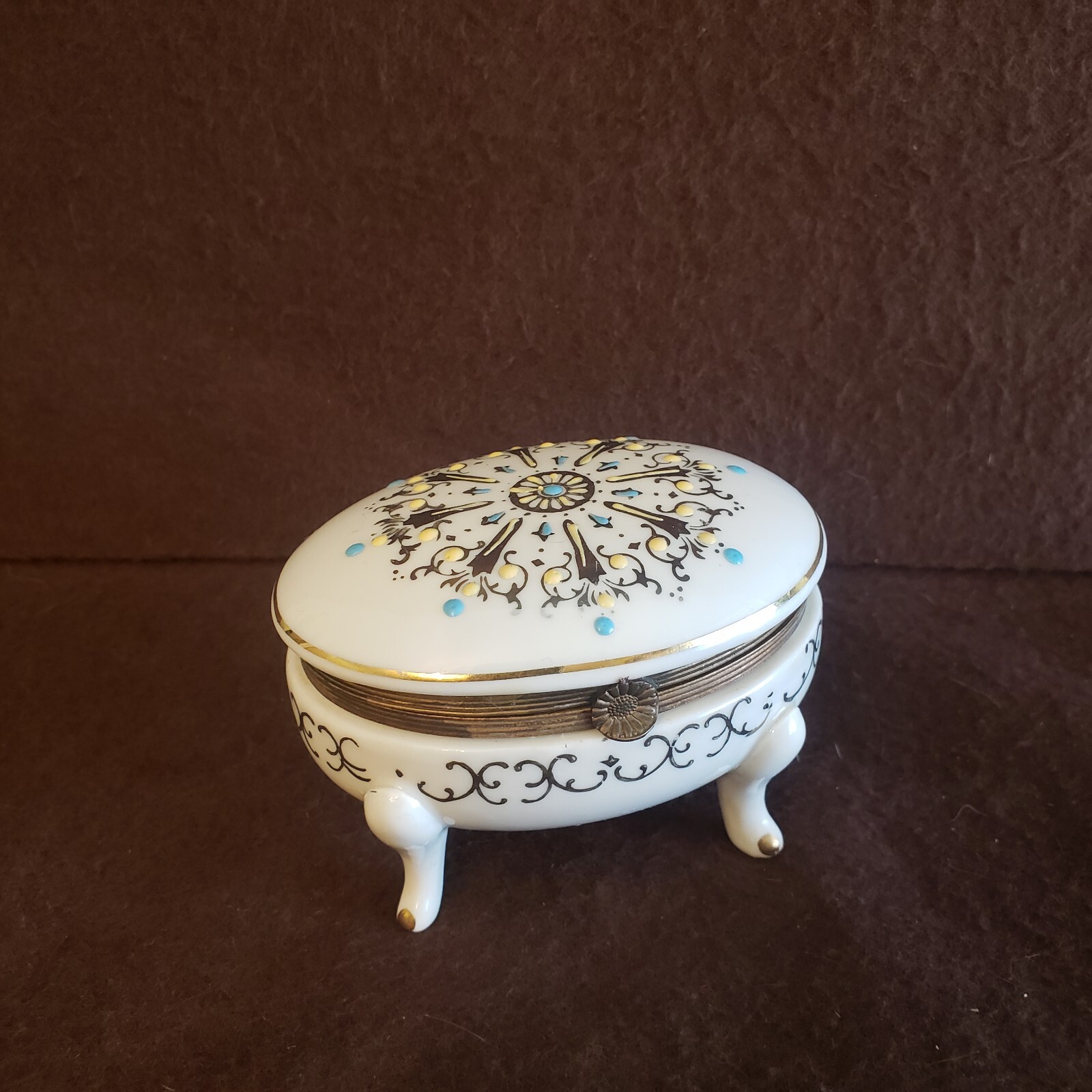 Vintage German Oval Hand Painted Hinged Trinket Box on Legs