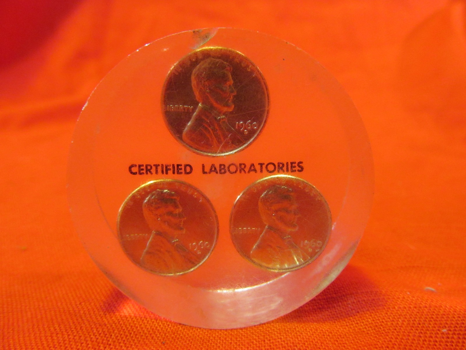 2" CERTIFIED LABORATORIES 1960 D PENNIES ADVERTISING ACRYLIC PAPERWEIGHT