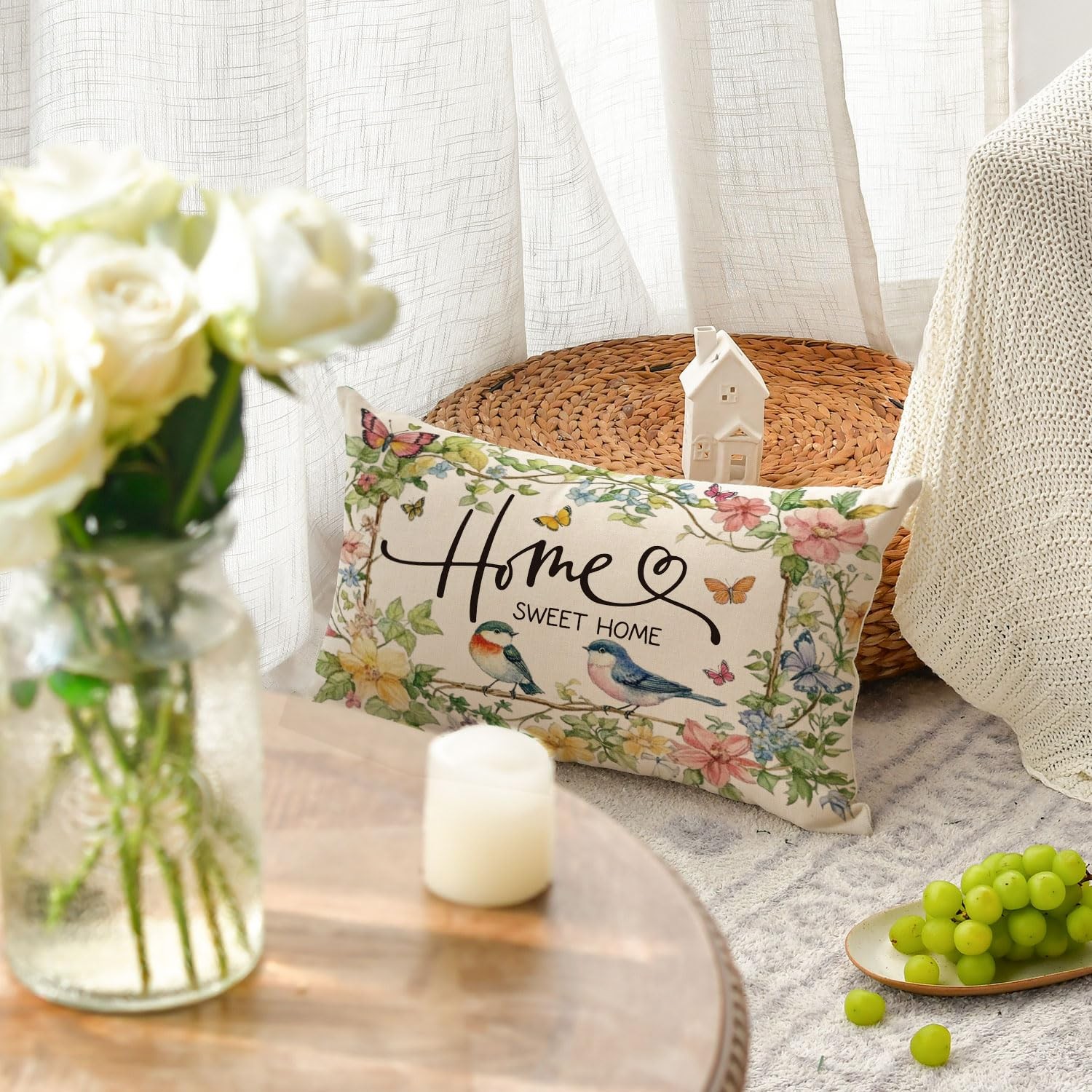 AVOIN colorlife Home Sweet Birds Floral 20" x 12" (Pack of 1), Green