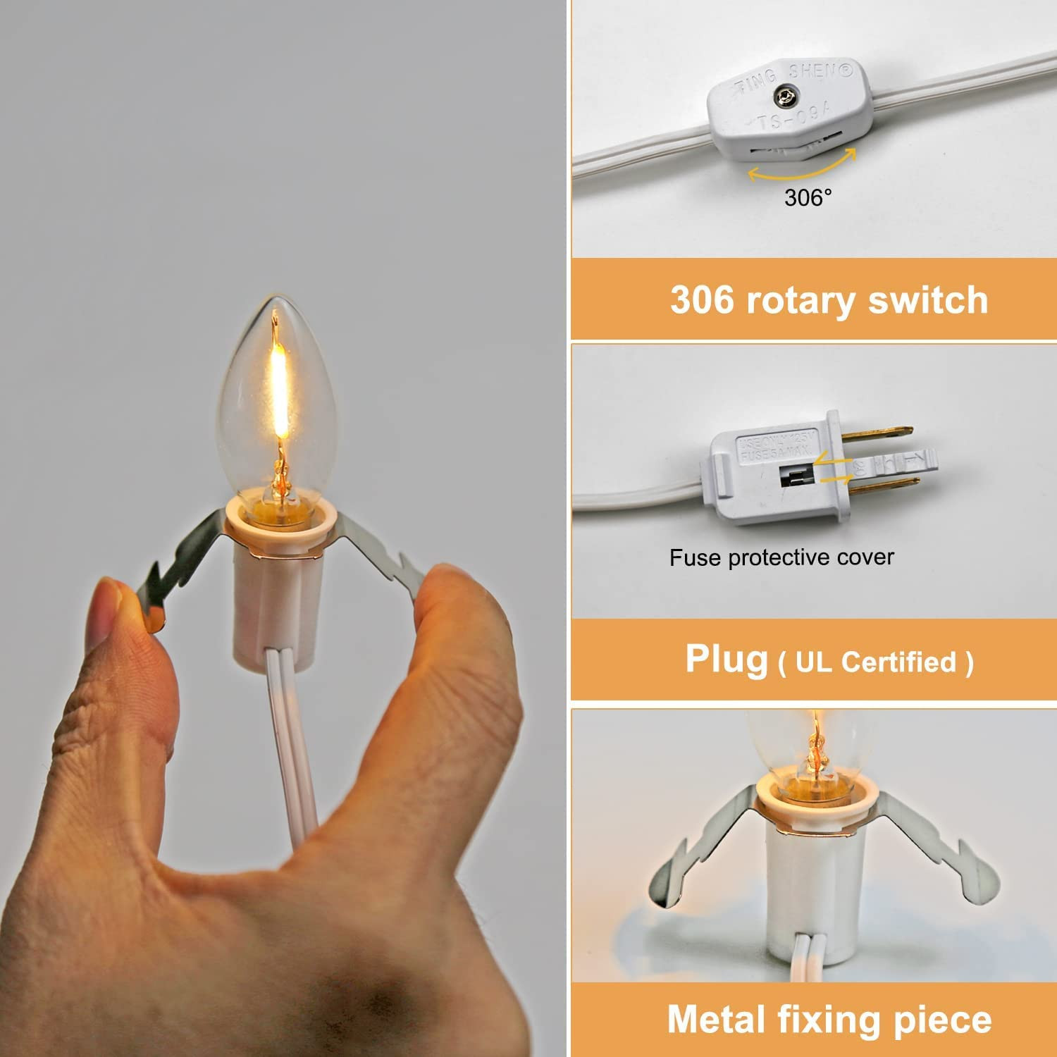 C7 Accessory Cord with C7 Led Light Bulb Candelabra-Base E12 Socket, White Cord