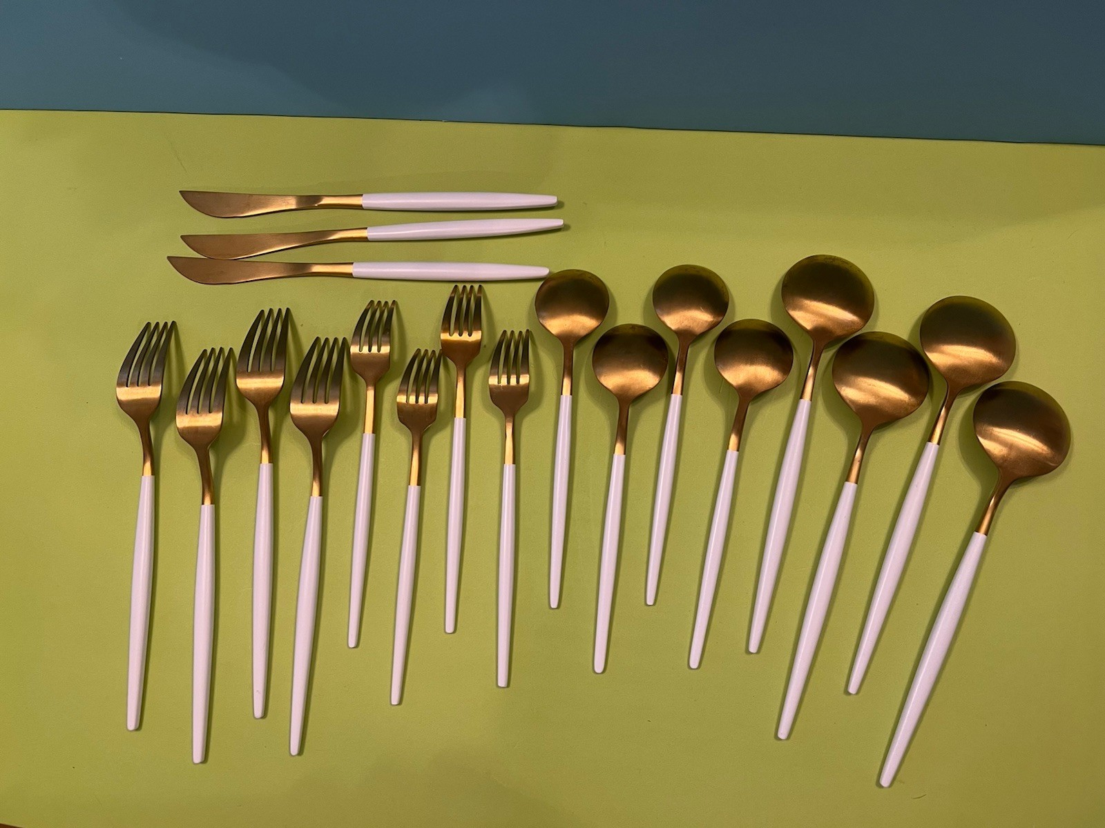 Possibly Gugrida Matte Gold/ white Flatware Setting For Four Minus One Knife