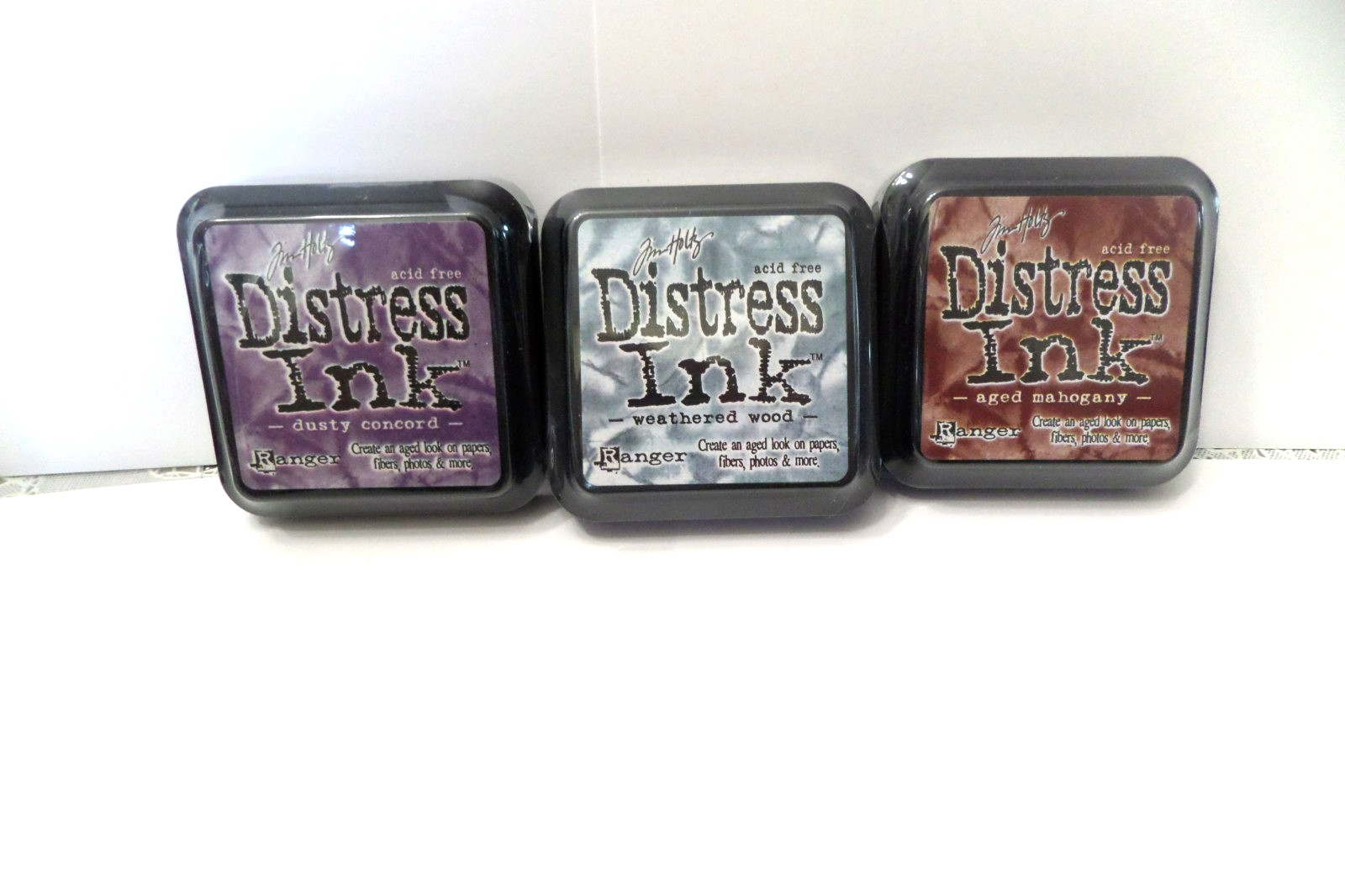 3 Tim Holtz Distress 3"x3" Ink Pads "AGED MAHOGANY/WEATHERED WOOD/DUSTY CONCORD"