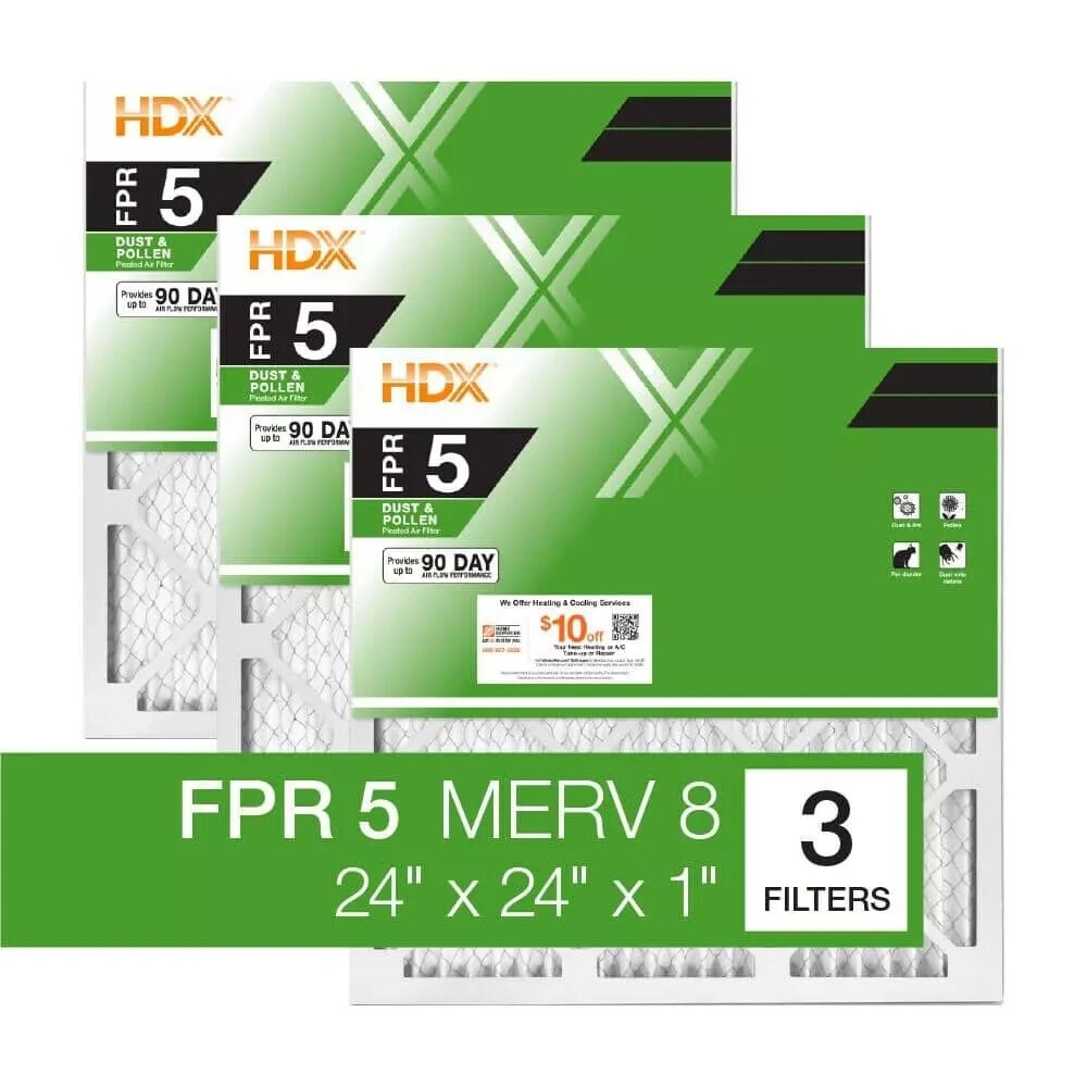 24 x 24 x 1 Standard Pleated Air Filter FPR 5, 3-Pack, Air Filters Replacement