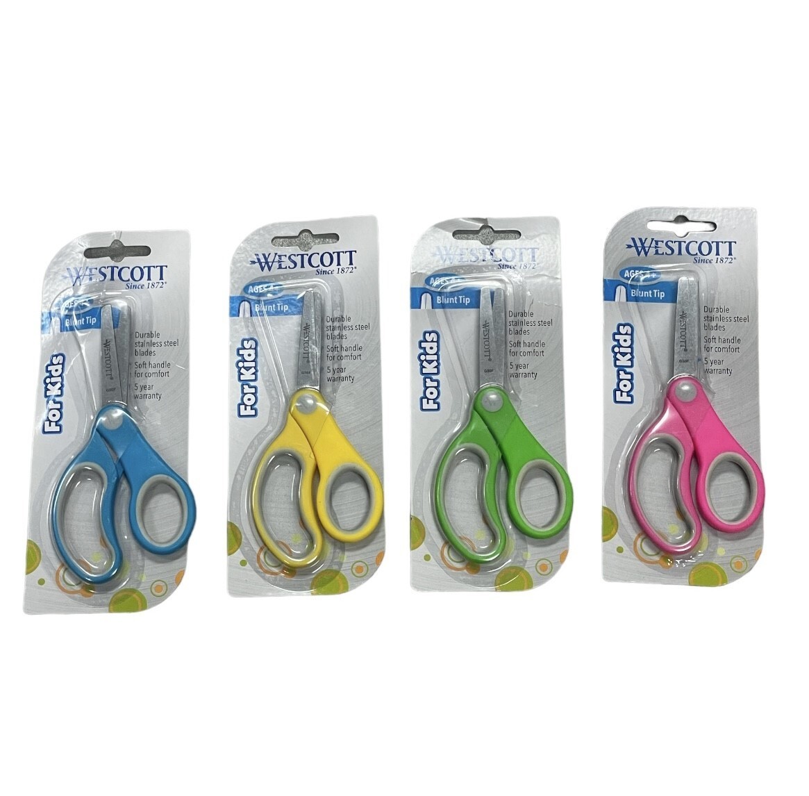Lot Of 4 Westcott Kid's Scissors, 5 Inch, Blunt Tip, Pink, Blue, Yellow & Green