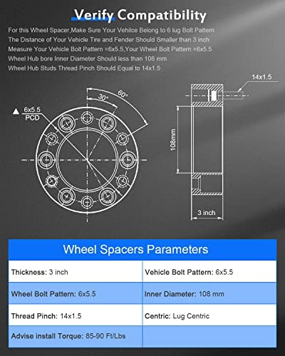 2PCS 6 Lug Wheel Spacers 6x5.5 to 6x5.5 3" inch 6x139.7mm fit for 1999-2018