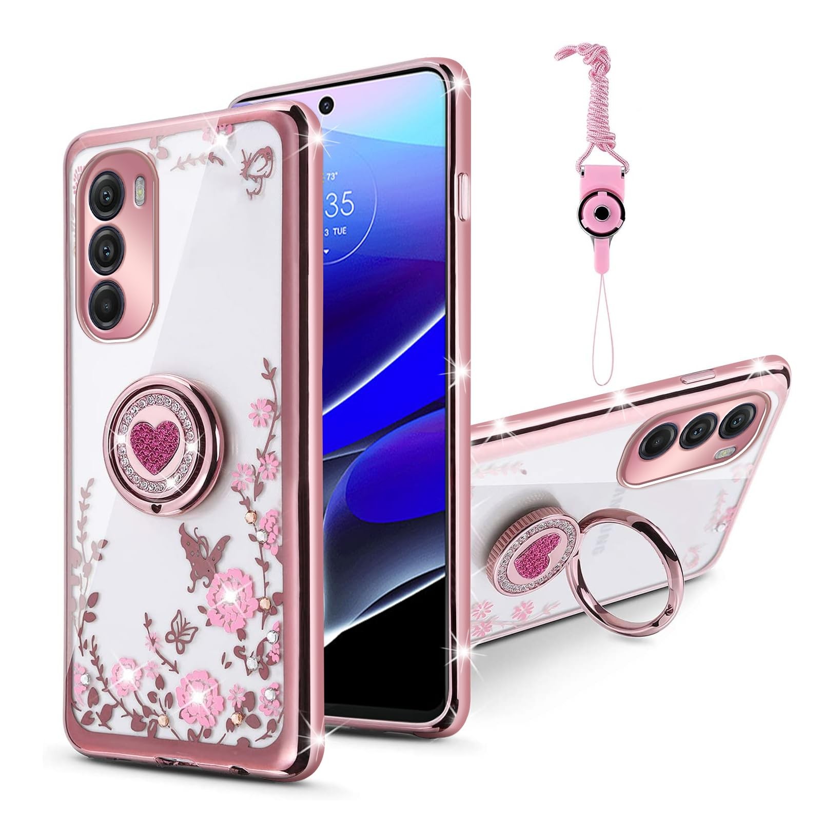 for Moto G Stylus 5G Case 2022 Women, Glitter Crystal Butterfly Rose Gold