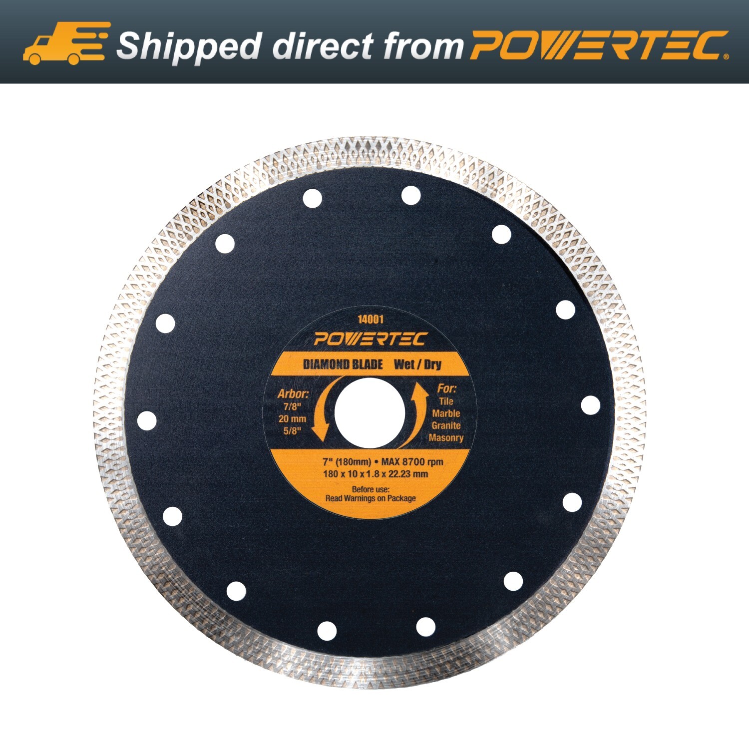 POWERTEC 7" Diamond Blade for Tile Saw, Cutting Tile Granite Marble Thin Masonry