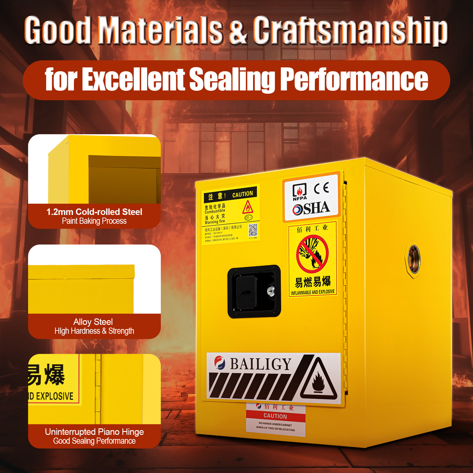 4 Gallon Fireproof Safety Storage Welded Cabinet Bin Flammable Liquid Storage