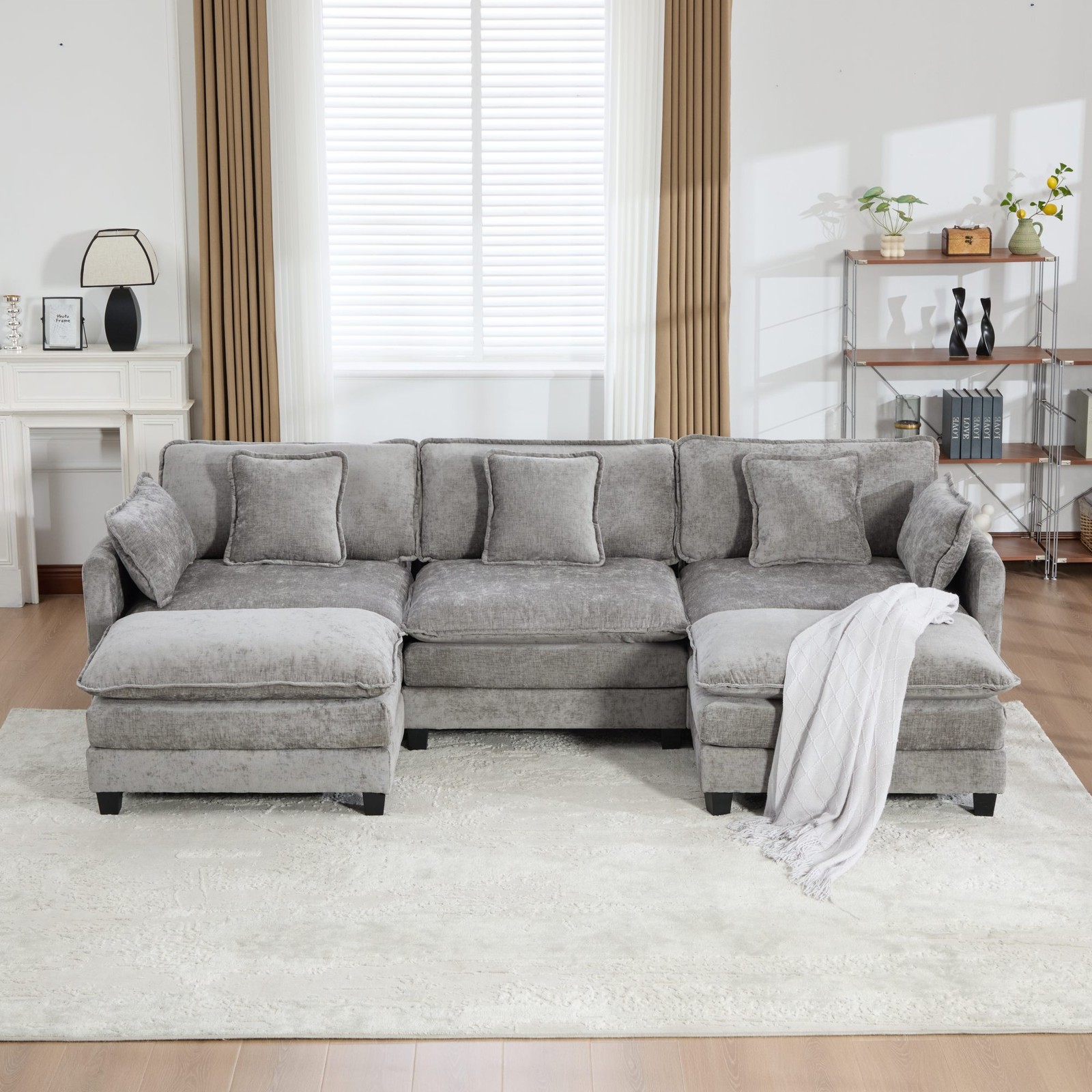 3-Seat Sectional Sofa Cloud Couch, Gray Chenille Fabric Medium-Soft
