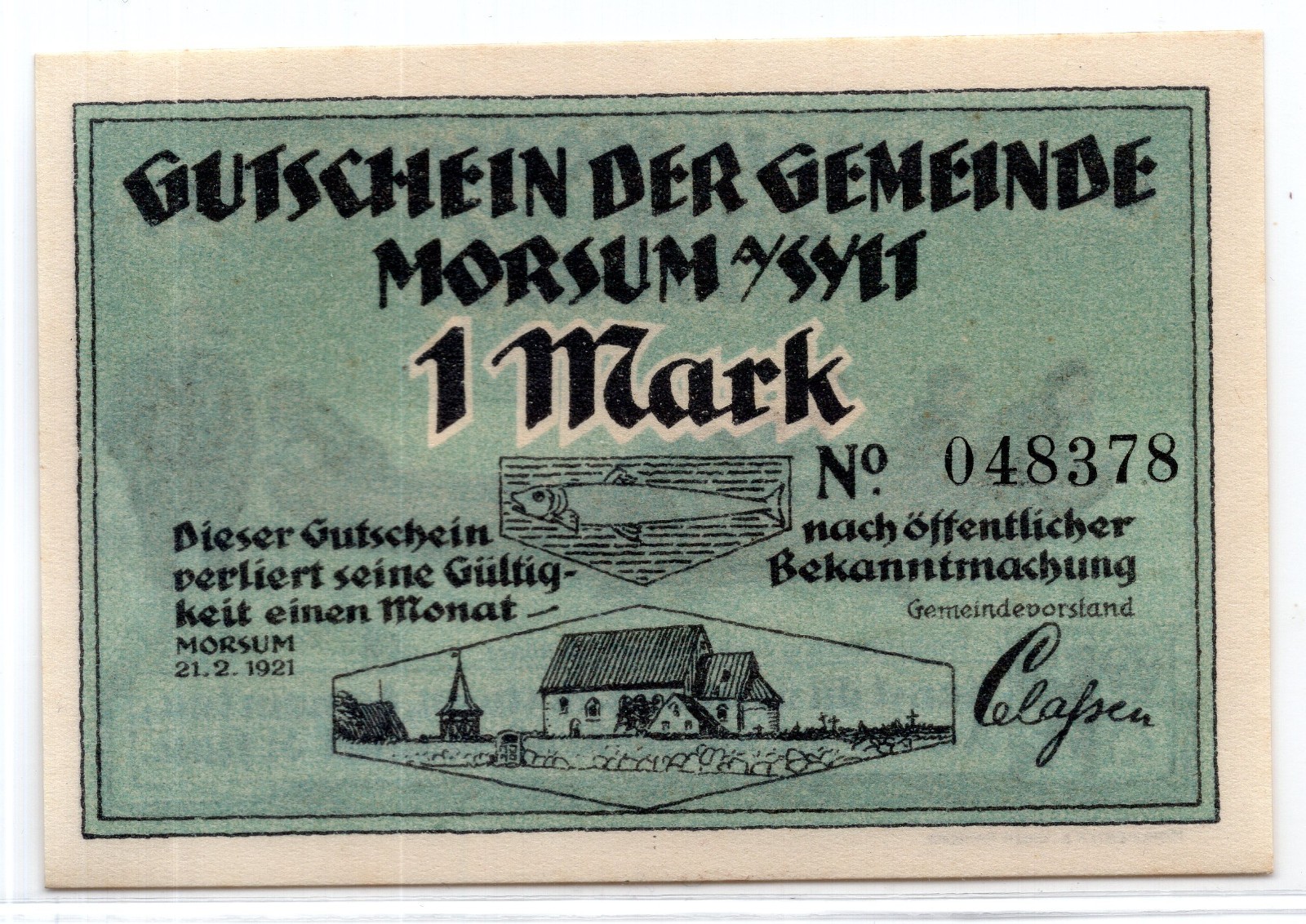 1921 Germany Morsum Notgeld 1 Mark Note (4088)