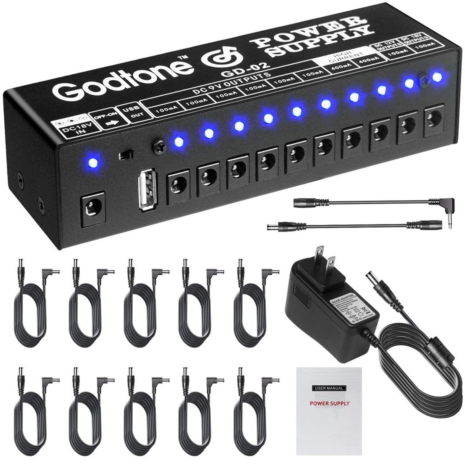 Godtone Guitar Pedal 10 DC Outputs for 9V 12V 18V Effect Pedal Power Supply w...