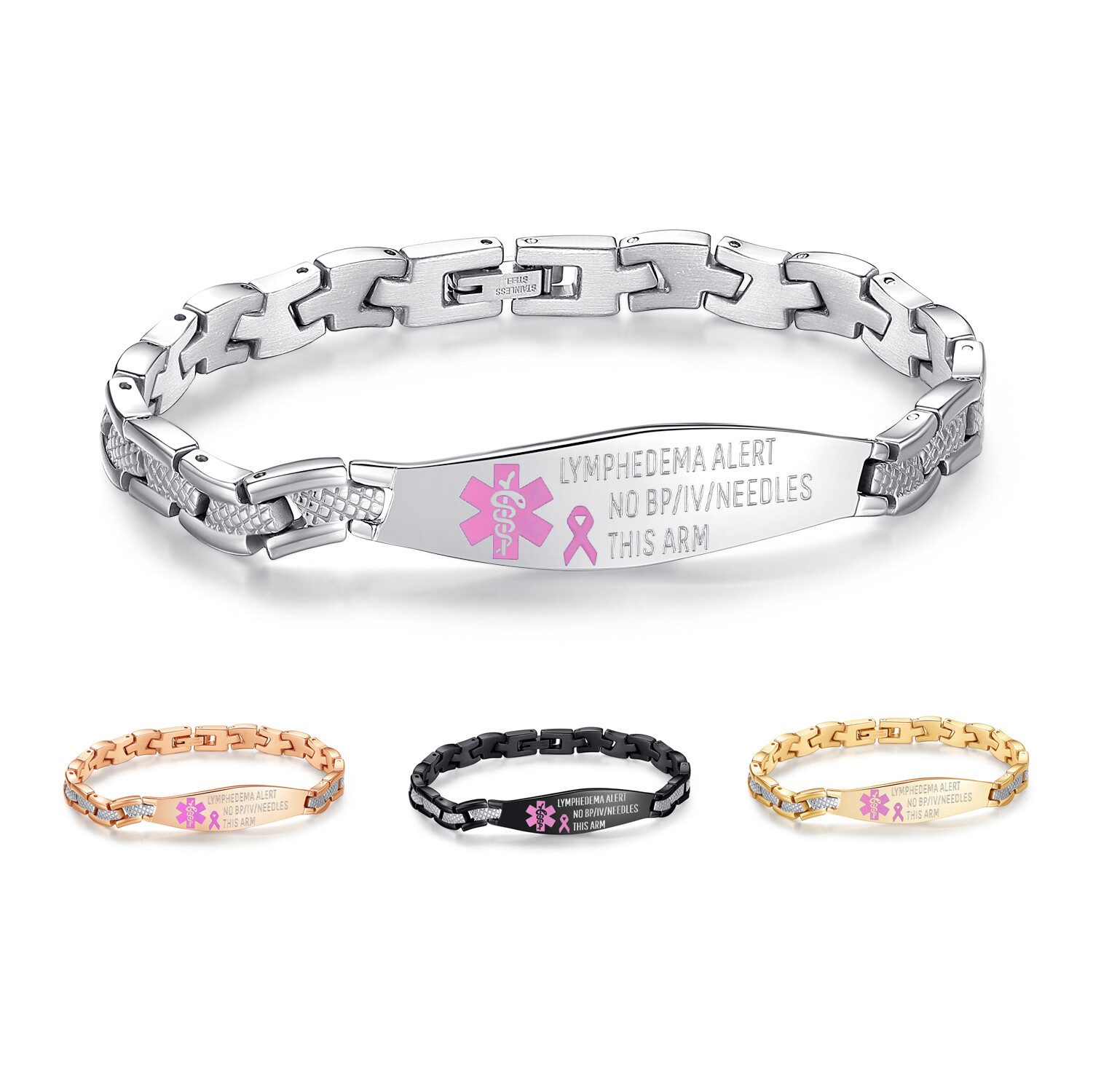 CUSTOM ENGRAVE 4 Colors! Medical Alert ID Lymphedema Pink Ribbon Link Bracelet