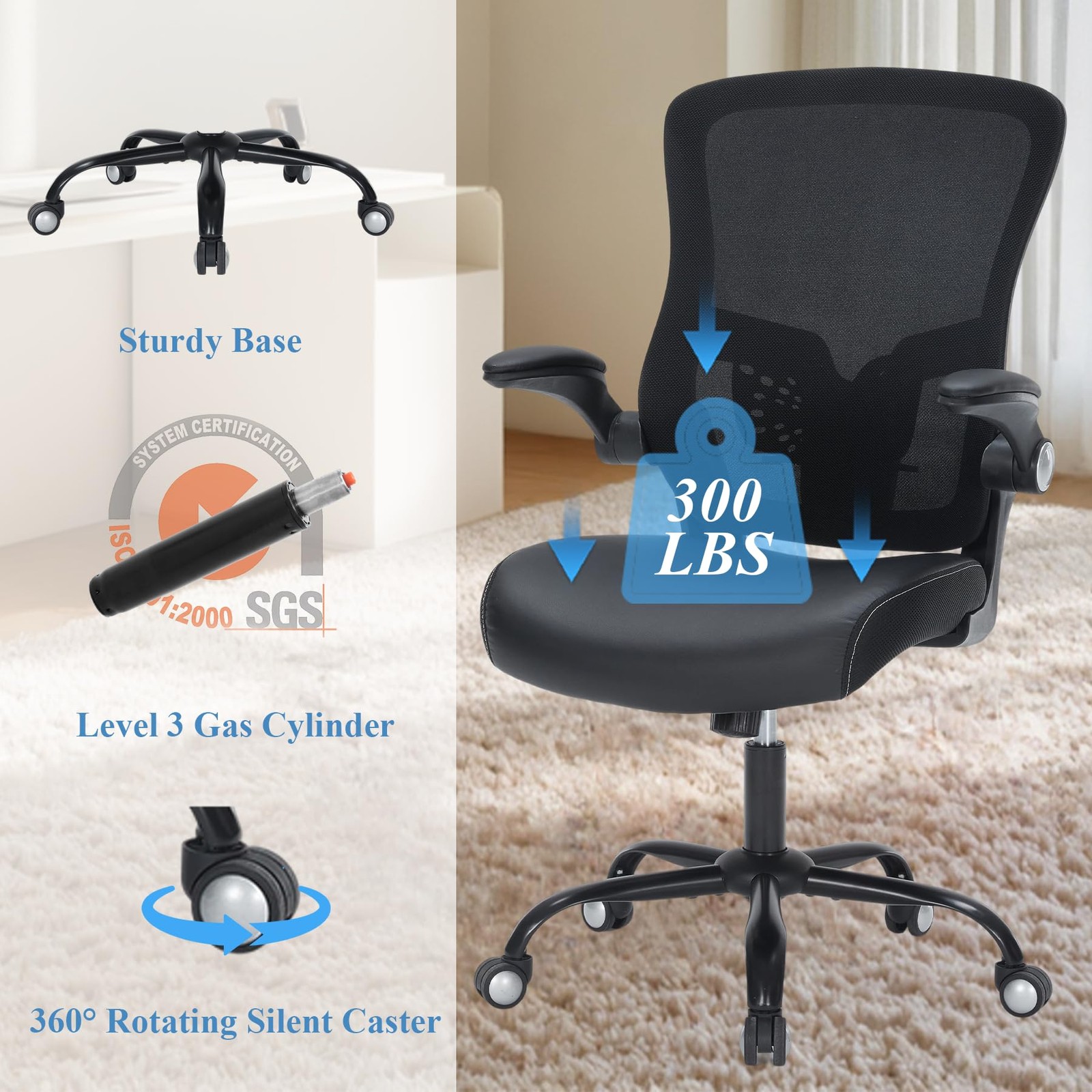 Office Chair PU Leather Cushion, Ergonomic Desk Chair with Flip-Up Arms, 300 ...