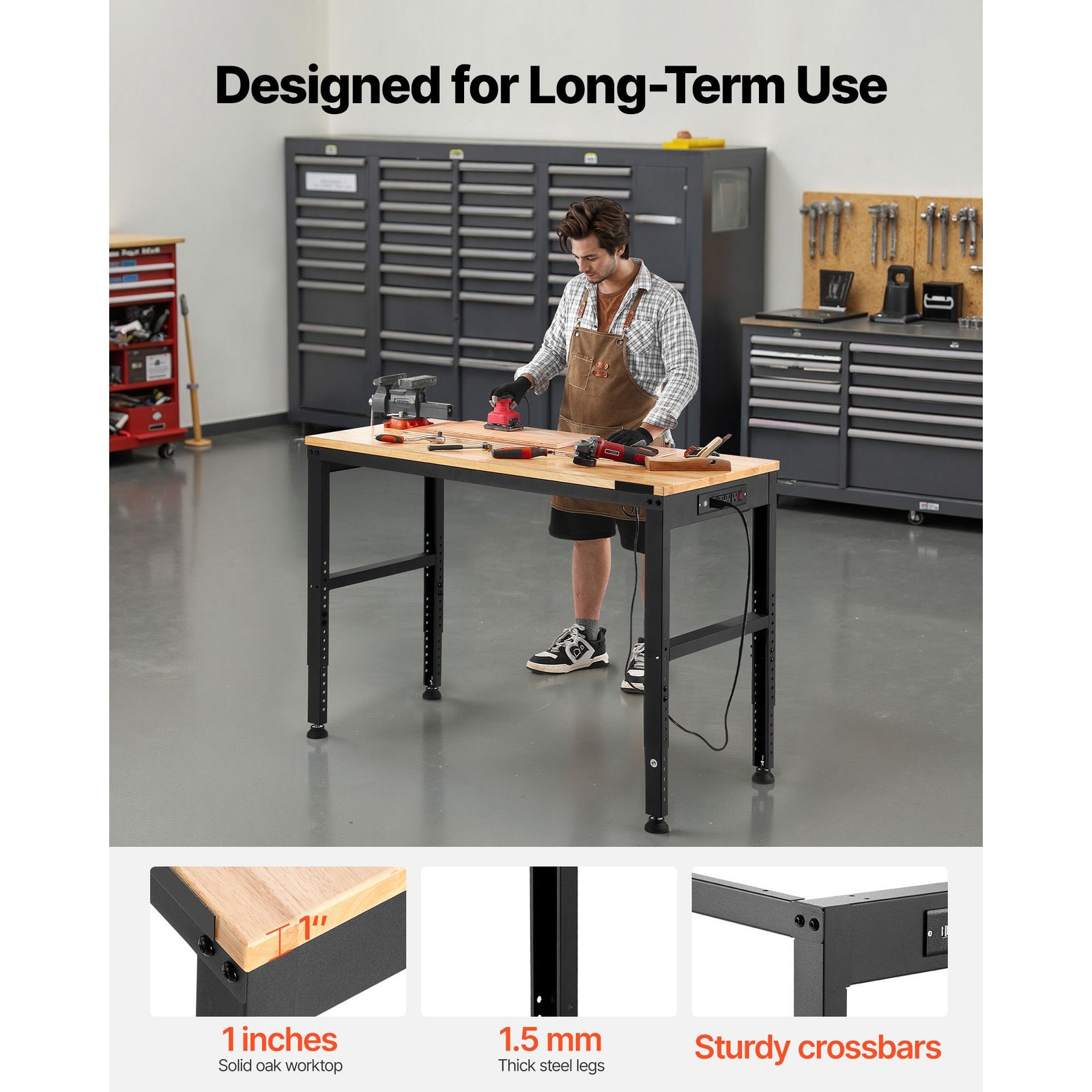48x20in Adjustable Workbench 2000lb Cap with Power Outlets