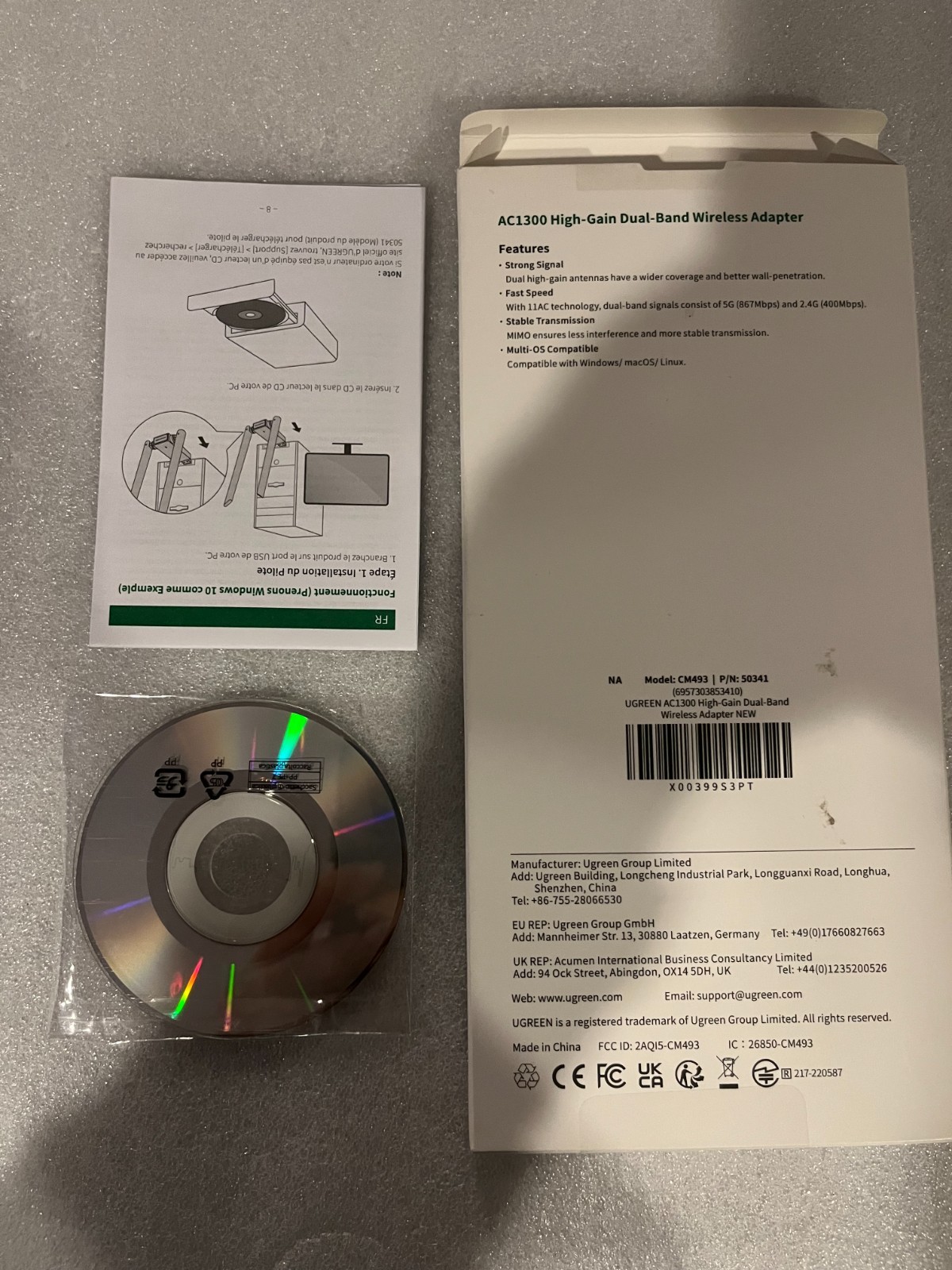 UGreen AC1300 Wireless Adapter Box with CD-ROM and Original Inserts