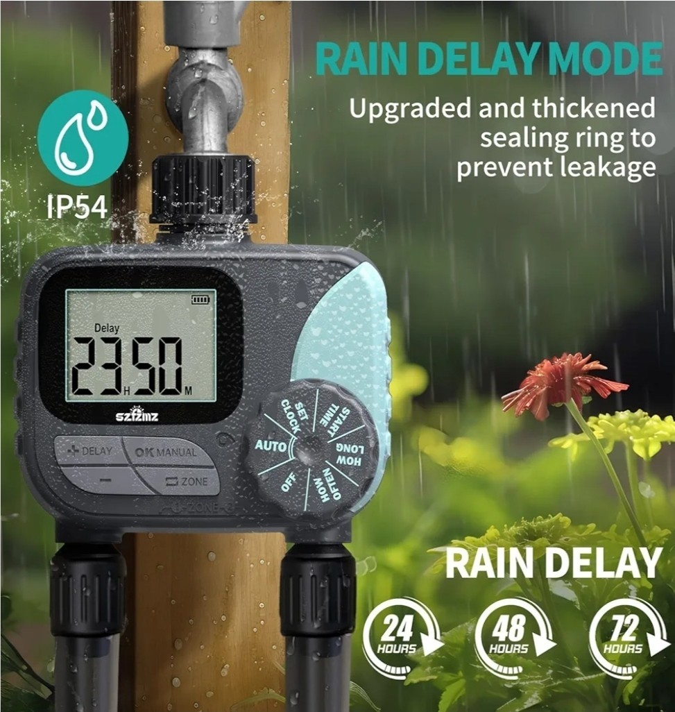 2 outlet Sprinkler Timer Water Timer, Programmable with rain delay Manual/Auto