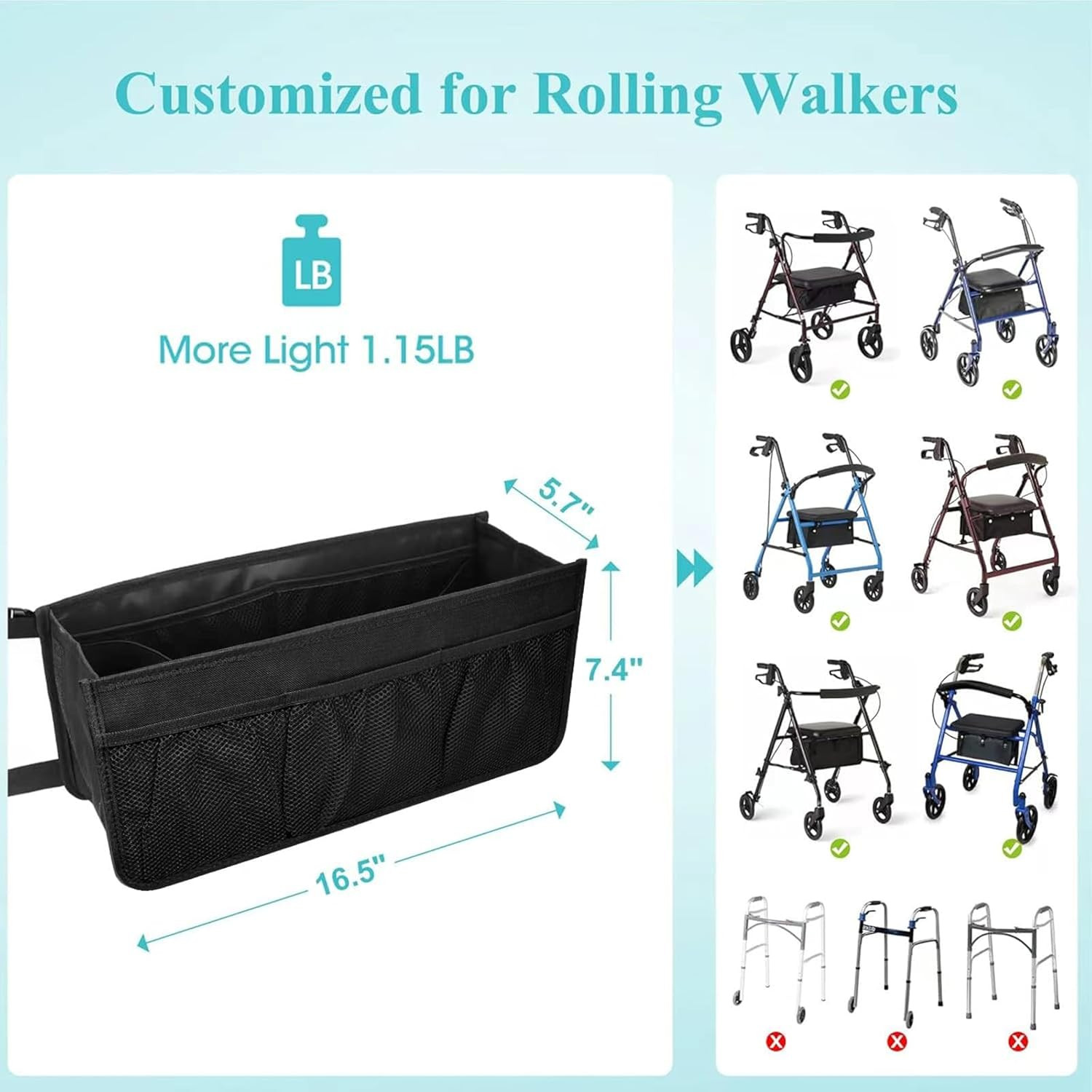Dotday Rollator Basket, Rollator Walker Bag with Cup Holder, Folding Rollator Wa