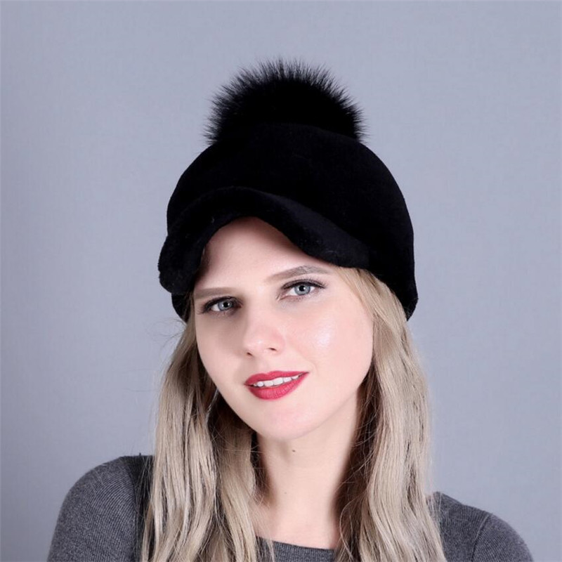 Winter Womens Peaked Caps with Fox Fur Pom Pom Hats Full-pelt Sheep Shearing Cap