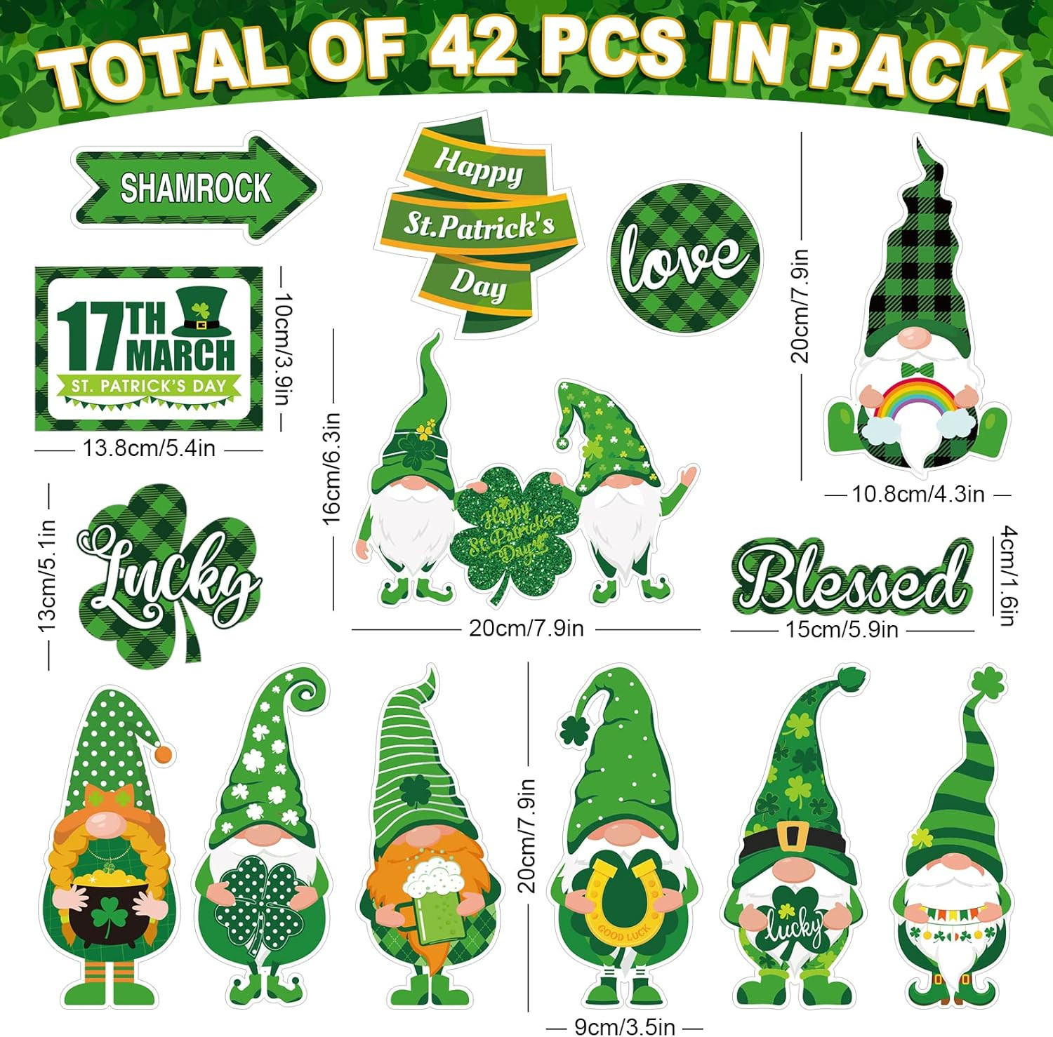St. Patrick's Day Gnome & Shamrock Cutouts for Classroom & Party Decor, 42 Pcs