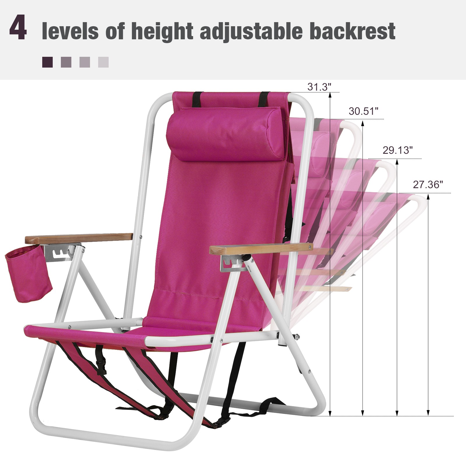 Folding Beach Chair, 4 Position Portable Backpack Camping Chair,Cup Holder