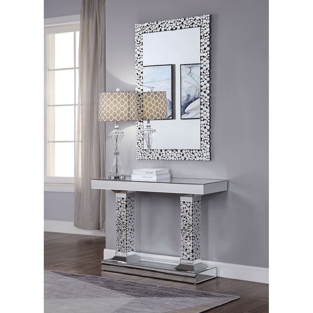 Mirrored Console Table w/ Faux Rhinestones & Sled Base, Silver (47" L x 16" W)