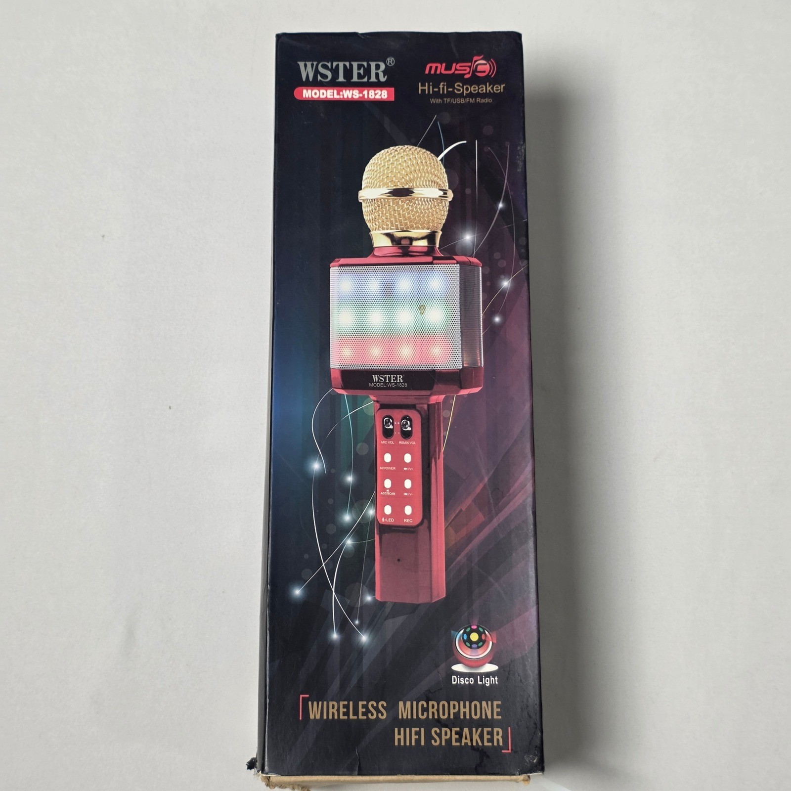 WSTER WS-1828 Wireless Karaoke Black Microphone LED Disco Lights HIFI Speaker